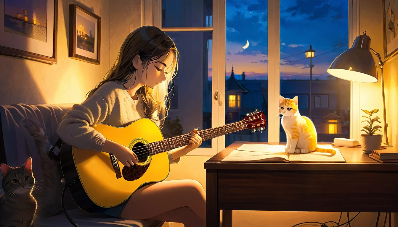 A dusk,
A girl sits in a cozy corner, guitar in tow.
The soft yellow light of a desk lamp illuminates her thoughtful expression, revealing deep concentration and a calm posture.
Her gentle gaze is comforting.
It adds to the quiet evening atmosphere, creating a peaceful and tranquil look,with cat.