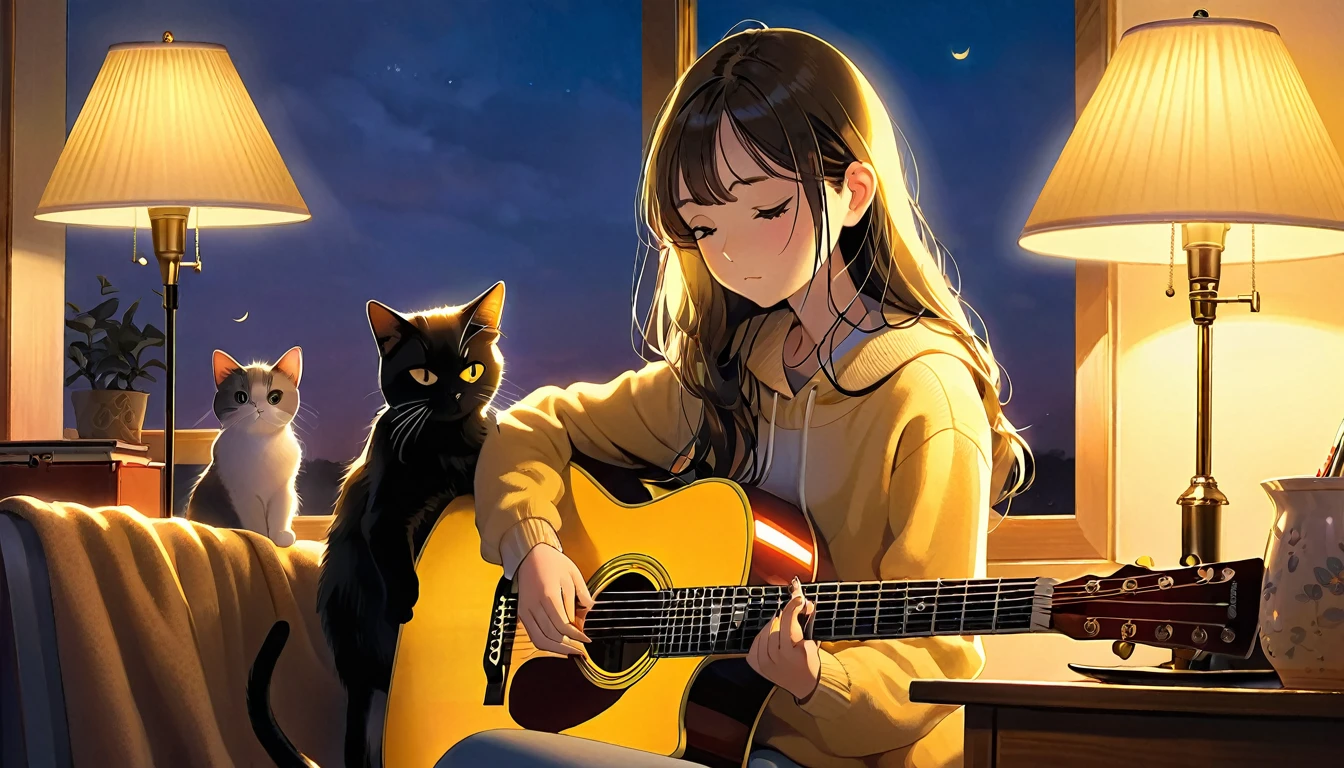 A dusk,
A girl sits in a cozy corner, guitar in tow.
The soft yellow light of a desk lamp illuminates her thoughtful expression, revealing deep concentration and a calm posture.
Her gentle gaze is comforting.
It adds to the quiet evening atmosphere, creating a peaceful and tranquil look,with cat.