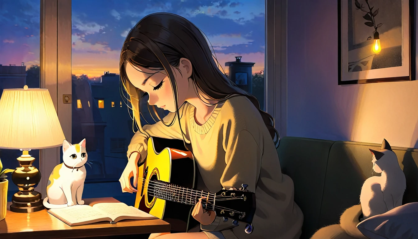 A dusk,
A girl sits in a cozy corner, guitar in tow.
The soft yellow light of a desk lamp illuminates her thoughtful expression, revealing deep concentration and a calm posture.
Her gentle gaze is comforting.
It adds to the quiet evening atmosphere, creating a peaceful and tranquil look,with cat.