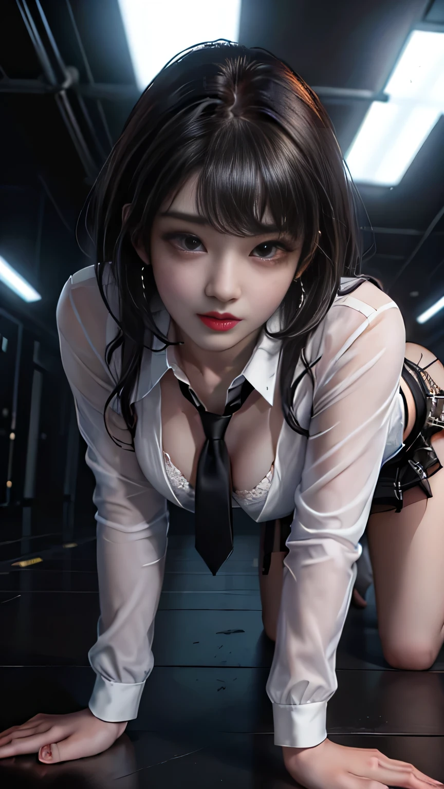 ((Girl on all fours)),Portrait Photography, Realistic, High resolution, 1 female, alone, Upper Body, Beautiful Eyes, Close your lips, detailed face, Gray Hair, Long Hair, Collared shirt, Red tie,Black Skirt, Pencil Skirt,, stockings,(Black lace panties are visible)(Super realistic)、(Consciousness upward)、(High resolution)、(8k)、(Very detailed)、(Best illustrations)、(Beautiful and detailed)、(highest quality)、(Very detailedな)、(masterpiece)、(wall-)、(detailed face)、alone、1 girl in、View your audience、Fine details、detailed face、Dark Night、Deep Shadow、Modest、Pure erotic face ace_v1、Laughter、length、Black shawl straight hair、46 point diagonal bangs,Female student、(White blazer chest)、Translucent white blouse、red bowtie、(Colorful ,Plaid)、Laughter,8k, highest quality, 超High resolution, Tabletop, Realistic, Realistic, High Contrast, Photon Mapping, The true picture, Super Detail, Low Angle: 1.5, 1 girl, alone: 1.5, whole body, Concert venue stage at night: 1.5, K-Pop Stars, K-Pop Idols, Dressing up in K-POP style, sexy, Open your legs forward, Flashy makeup, blazer: 1.3, Short skirt: 1.3, Pair a blazer and skirt with high heels, tie, Thursday: 1.3, barefoot, High heels, M character opening leg: 1.3, Spread your legs 180 degrees, Leg spread: 1.3, length hair with brown hair, Wet white panties: 1.5, Panties visible from under the skirt: 1.3, expensive, height: 170cm, Long legs: 1.2, face: 1.5, The Woman'Thin shapes are clearly visible: 1.5, protruding from panties 1.2, witheout panties: 1.3, Textured skin