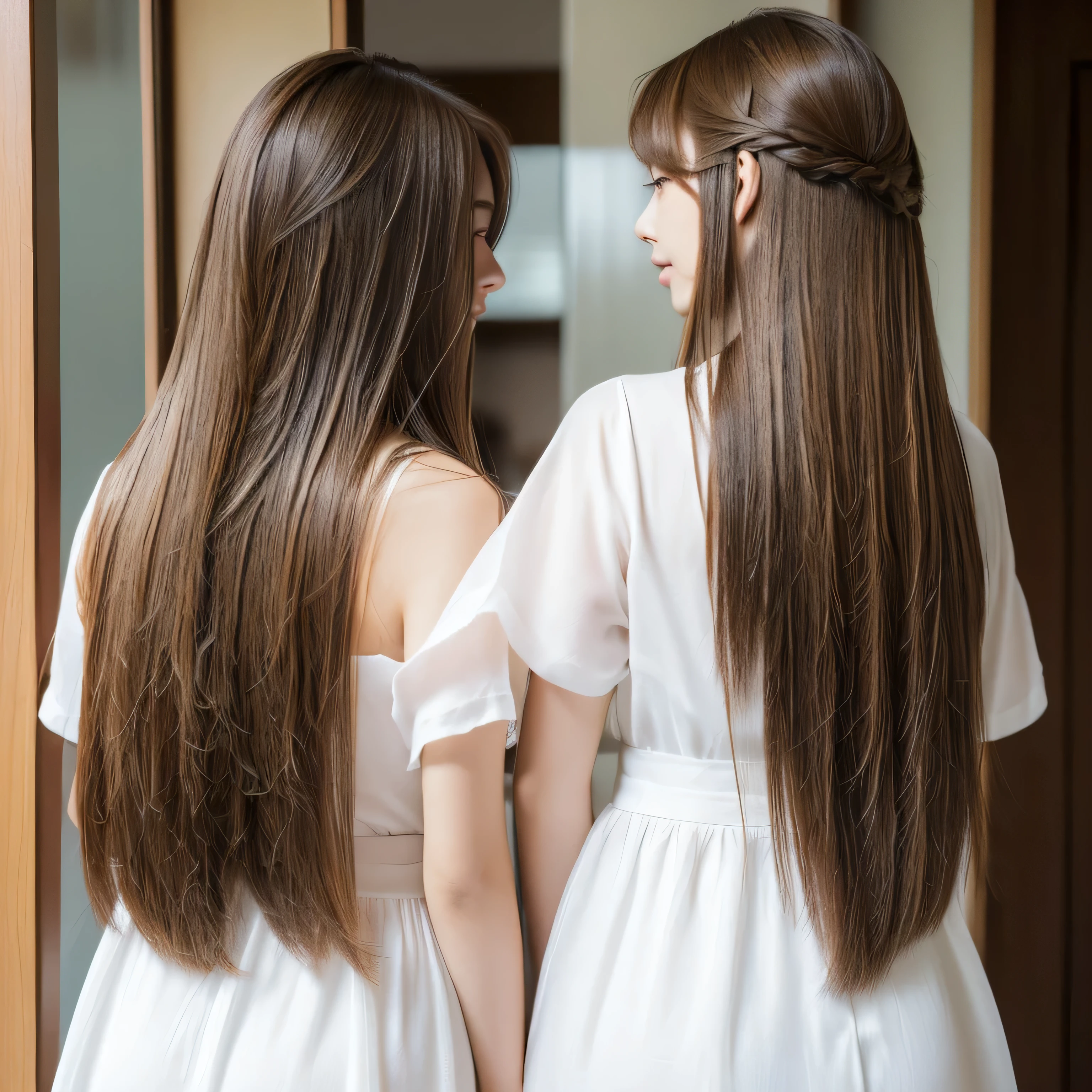 (Two identical twin hair models embracing each other in the same space, Close your eyes and kiss me) ((Two people kissing at the same time:2.0 Photographed from the chest up)) (The two are identical clones, Wear the same clothes, Temporarily stop, Hairstyle, exterior.:1.5) ((Random poses showing as much back and hair as possible:1.8)) ((Beautiful 24 year old hair model with long black hair, girl with super Very long hair that reaches down to the ankles, extremely Very long hair that reaches down to the ankles, Very long hair that reaches down to the ankles,Very long hair that reaches down to the ankles , Flowing Hair, very Very long hair that reaches down to the ankles, Very long hair that reaches down to the anklesgirl,Very long hair that reaches down to the ankles , flowing light brown hair, length Hair windy, Very long light brown hair, flowing light brown hair,Incredibly straight long-lasting hair, Abnormally long髪!!!! Her highest quality!!!! hair is long and straight., very long light brown hair that reaches down to the ankles, highest quality light brown hair , , Highest quality long straightなVery long hair that reaches down to the ankles straight, beautiful, High quality hair, Very long hair that reaches down to the ankles and highest quality straight light brown hair, straight, highest quality light brown hair, Perfect silky straight hair of the highest quality, straight, highest quality light brown hair , lengthLight brown hair straight hair, length, Thick and voluminous light brown hair Her hair is long and straight, Very long light brown hair, Abnormally long、or extremely long light brown hair, very long, straight, Light brown hair that reaches down to her ankles, Abnormally very long straight, beautiful hair of the highest quality, length Hair, length, straight light brown hair ,Extraordinarily very long light brown hair that lasts forever and free straight light brown hair , straight light brown hair)) (Both sides bangs are perfect.:1.3) (Japan's most sexy and beautiful 24-year-old beauty model) (Both sides They look at the viewer with a very captivating expression...) ((highest quality)), ((masterpiece)), (Familiar) (Get used to it) Perfect Face (both sidesHer skin is a typical Japanese skin color. And very detailed) (Both SidesBig Tits:1.3) (both sides She is wearing a beautiful shiny white camisole.) (both sides She has a beautiful face and a typical Japanese figure...., Narrow eyes) (both sides She has perfect beautiful and sexy makeup and face Lipstick is light red A solid eyeliner) ((Rich 1.4)) (Very detailed)