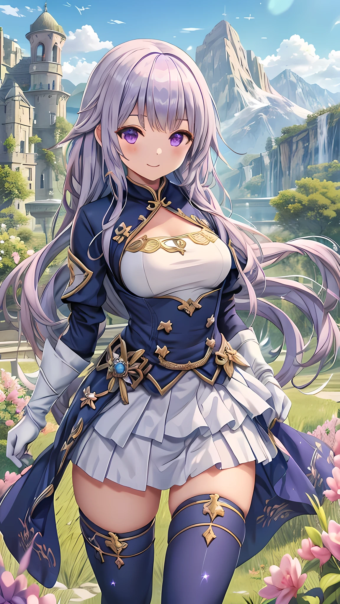 Super High Resolution Super Quality、anime、Zoom in Enlarge  、Smile、Fantasy、Magic Taoist、High quality texture of the clothes, realistic texture of the material, luxurious adventurer clothes, sparkling jewels, silver decorations, platinum, brown leather gloves, thigh-high skirt, joy, beautiful girl has a nice body, lilac hair, eye highlights, navy purple eyes, upper body, snap, blue sky, distant mountain range, grassland with no buildings