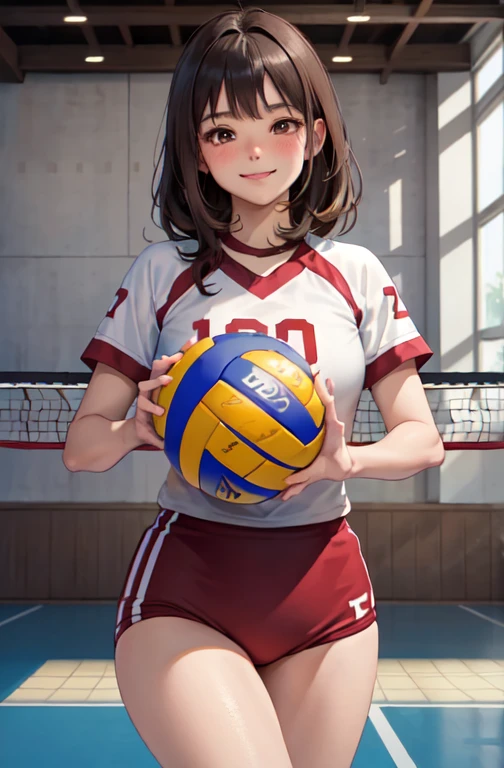 Only one female, /(Volleyball Uniforms/), /(Dark brown hair/) bangs, Blushing Smile, (Masterpiece of the highest quality:1.2) Delicate illustrations, super detailed, Big Break /(Indoor volleyball court/)