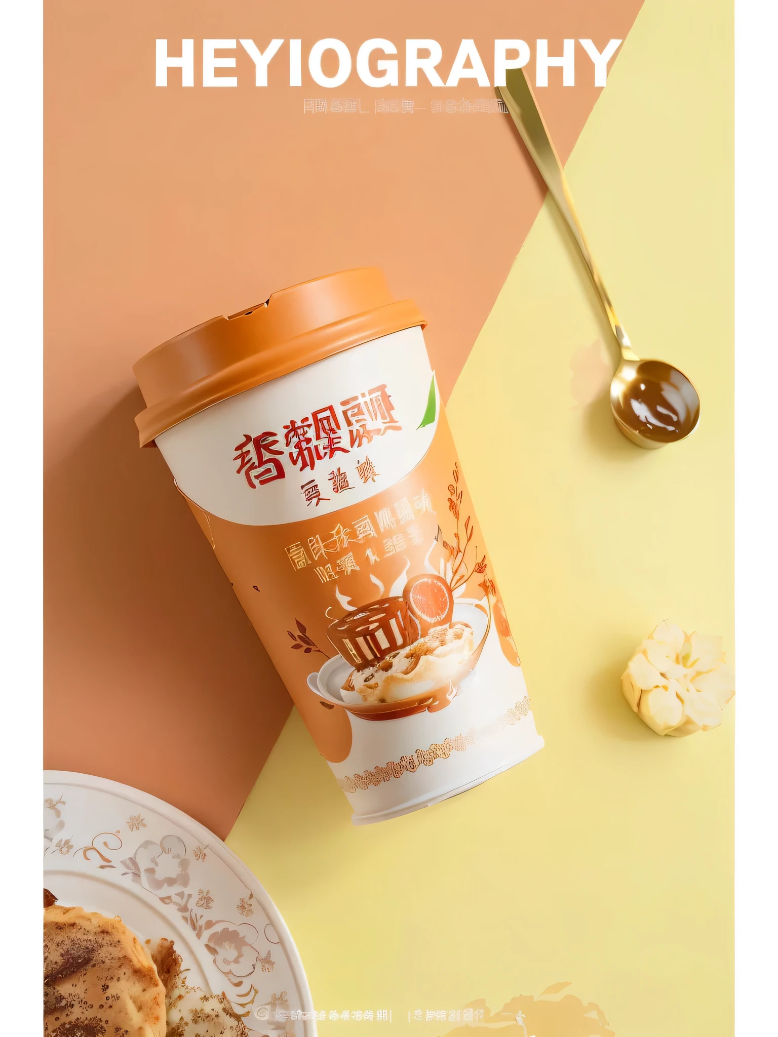 There is a cup of coffee and a plate of food on the table, Xiangpiaopiao milk tea, paper cup, Product photography, commercial Product photography, cartoon paper Coffee cup, 💣 💥, Wang Chen, Product photography, Inspired by Pu Hua, ByTan Ting-pho, Professional product photos, Home, Coffee cup, Inspired by Cheng Homesui