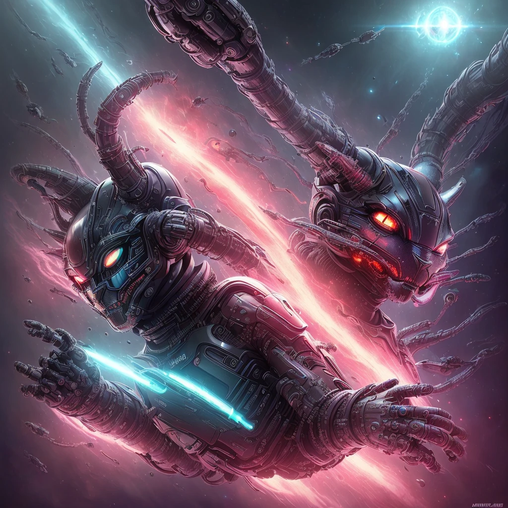 (((Awesome))) (((detailed))) a cool dangerous galaxy cat, cat body, galactic cat, sci-fi robotic cat, red sharp eyes, evil smirk, cool, furry, robotic tentacles in his back, robotic tentacles with alien guns, mysthic, mystical, glorious, dangerous, red black white fur, determined dangerous eyes, floating in the space, dark red Galactic space. 