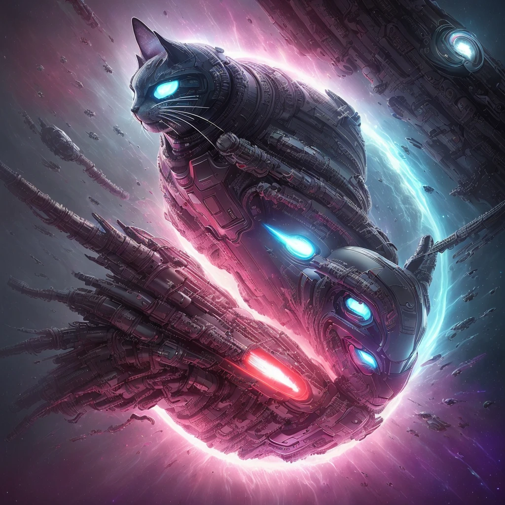(((Awesome))) (((detailed))) a cool dangerous galaxy cat, cat body, galactic cat, sci-fi robotic cat, red sharp eyes, evil smirk, cool, furry, robotic tentacles in his back, robotic tentacles with alien guns, mysthic, mystical, glorious, dangerous, red black white fur, determined dangerous eyes, floating in the space, dark red Galactic space. 
