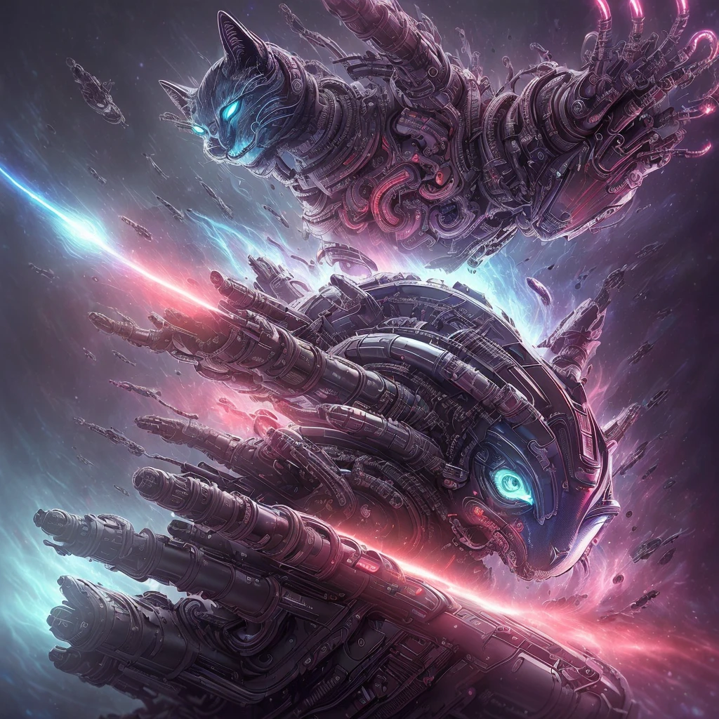 (((Awesome))) (((detailed))) a cool dangerous galaxy cat, cat body, galactic cat, sci-fi robotic cat, red sharp eyes, evil smirk, cool, furry, robotic tentacles in his back, robotic tentacles with alien guns, mysthic, mystical, glorious, dangerous, red black white fur, determined dangerous eyes, floating in the space, dark red Galactic space.
