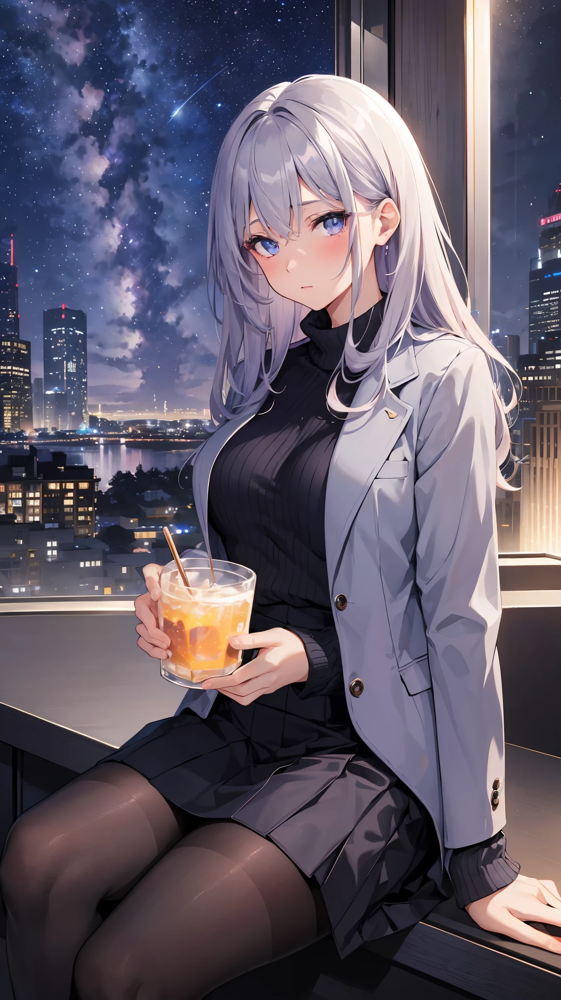 masterpiece,best quality, incredibly_absurdres, original, night, stars, milky way, beautiful detailed sky, cityscape,mature woman, gray hair, light blush, dark blue eyes, purple sweater, letcher jacket, business_skirt, black pantyhose, looking at viewers,