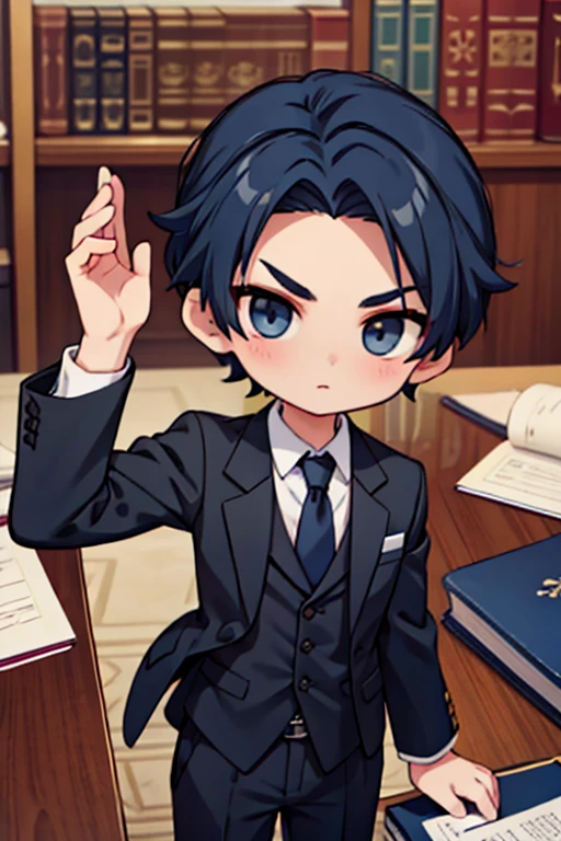 there is a young Iranian boy who is a lawyer in the court with a black suit and a blue necktie, very Professional curved eyebrows and grecain noise and round head,