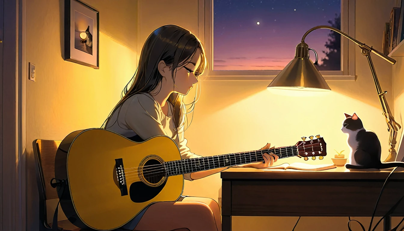 A dusk,
A girl sits in a cozy corner, guitar in tow.
The soft yellow light of a desk lamp illuminates her thoughtful expression, revealing deep concentration and a calm posture.
Her gentle gaze is comforting.
It adds to the quiet evening atmosphere, creating a peaceful and tranquil look,with cat.
