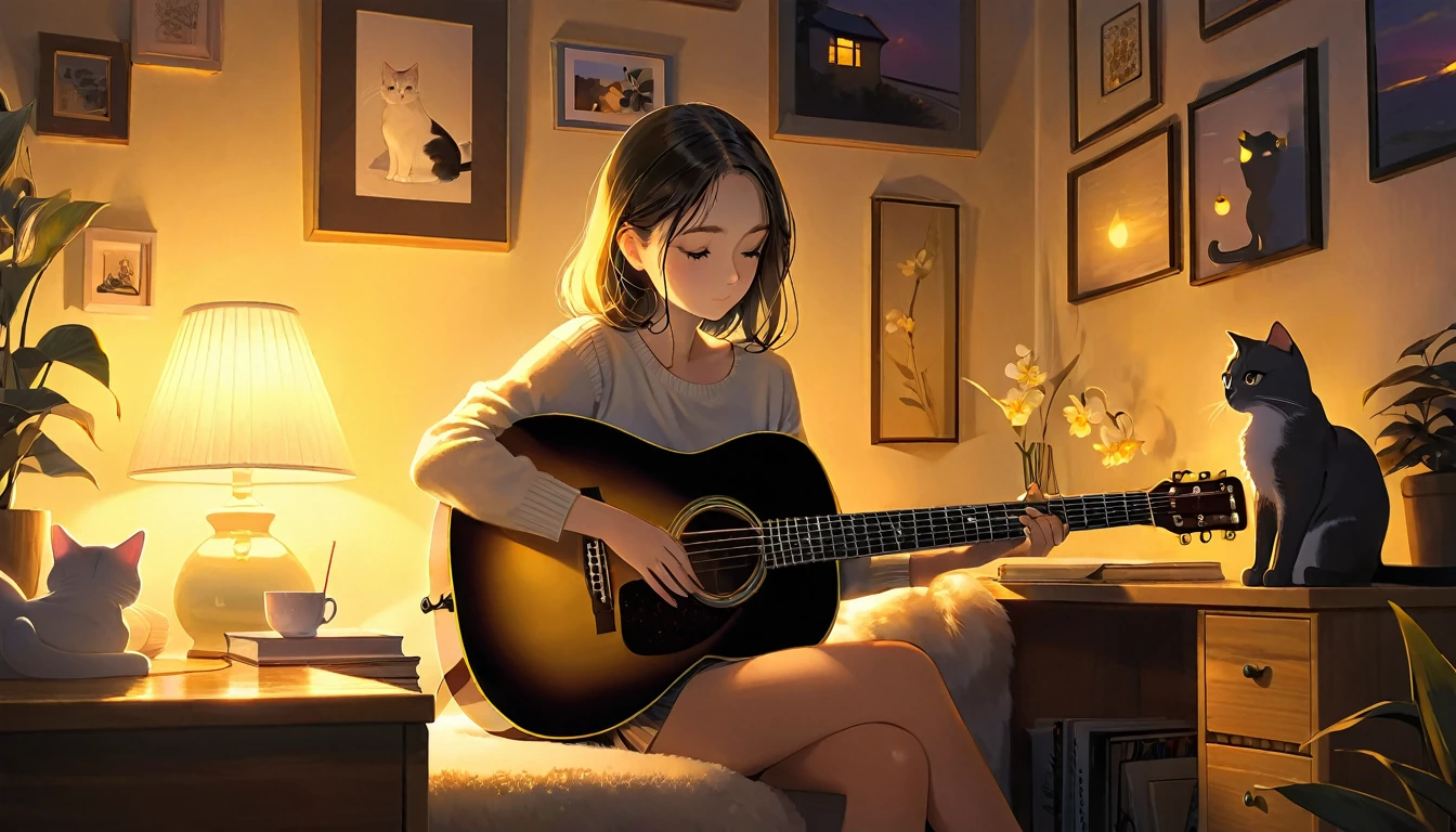 A dusk,
A girl sits in a cozy corner, guitar in tow.
The soft yellow light of a desk lamp illuminates her thoughtful expression, revealing deep concentration and a calm posture.
Her gentle gaze is comforting.
It adds to the quiet evening atmosphere, creating a peaceful and tranquil look,with cat.