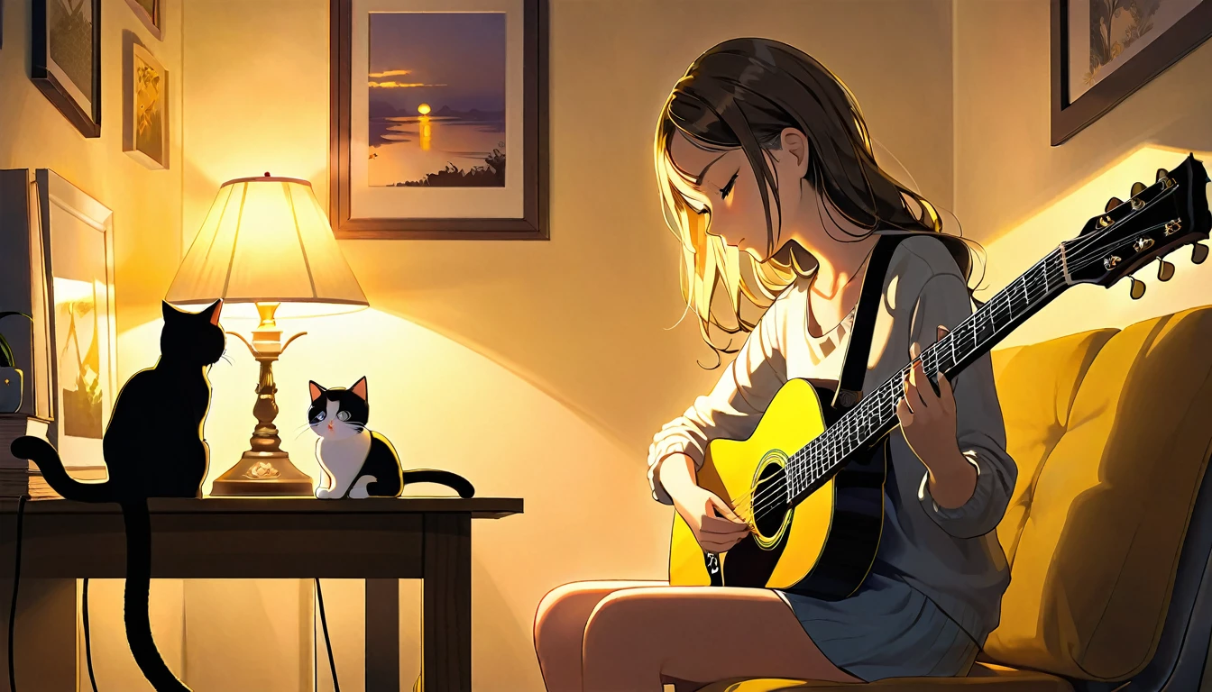A dusk,
A girl sits in a cozy corner, guitar in tow.
The soft yellow light of a desk lamp illuminates her thoughtful expression, revealing deep concentration and a calm posture.
Her gentle gaze is comforting.
It adds to the quiet evening atmosphere, creating a peaceful and tranquil look,with cat.
