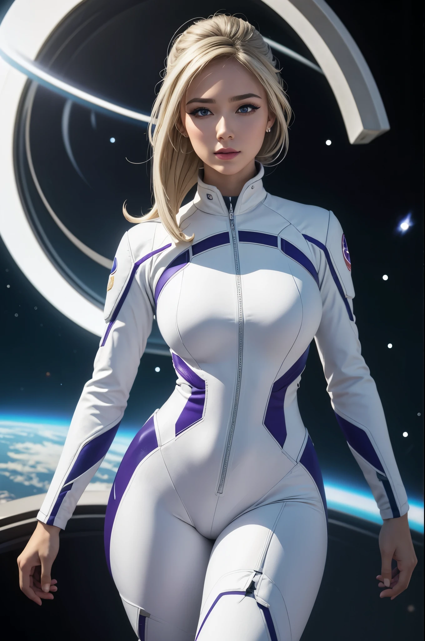 AJ Applegate | Arte Vetorial | segurando uma arma | Look at the camera | Corpo inteiro | poses sensual | Cabelos longos | Spacesuit white and purple | flying in the space | luz azul predominante | highes definition | ALTOS DETALHES | ESTILO Grafico | TRAJES FUTURISTA | Max Resolution | Arte vetorial