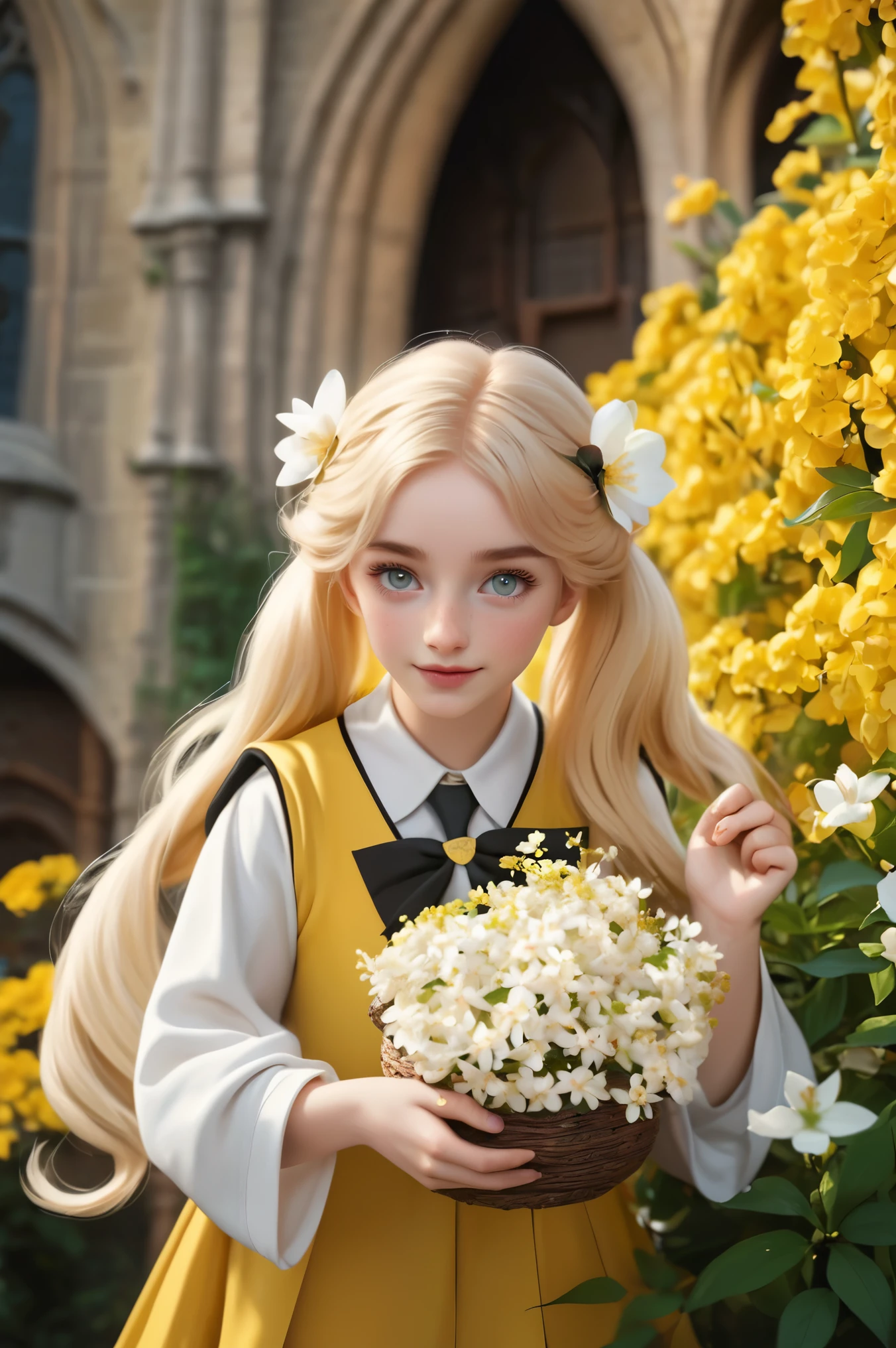 best quality, Masterpiece, Hogwarts students, Hufflepuff, I have short blonde twin tails., Beaming, misbehave, freckles, Hand holding a white jasmine flower Detailed eyes, detailed face, Fine skin,