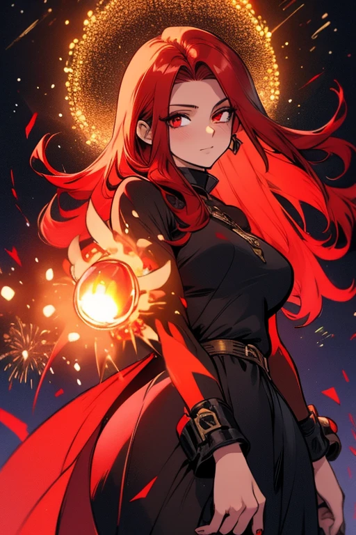 A red haired woman with red eyes and an hourglass figure in a cool dress is watching fireworks