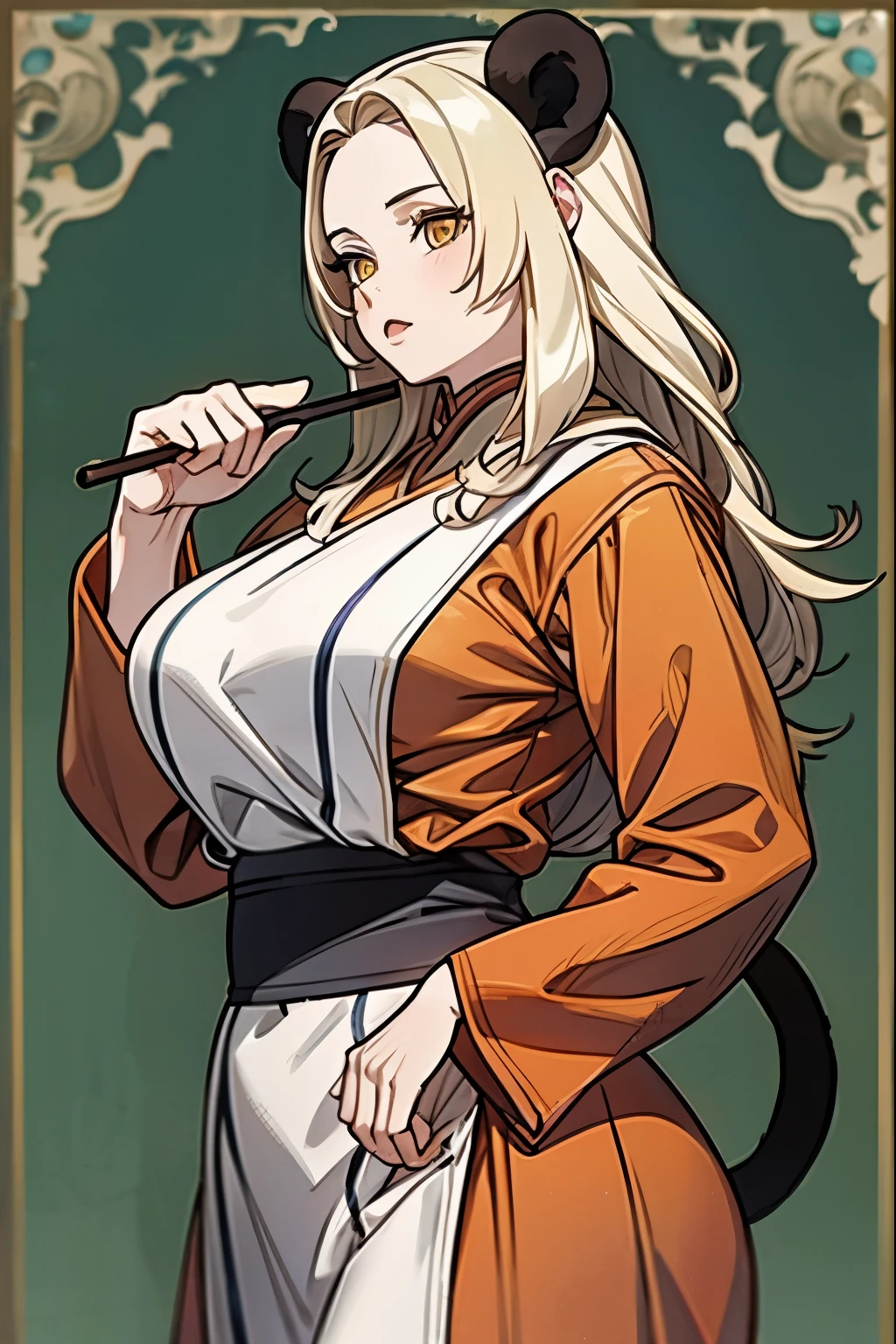 ((cute monkey ear)), heavy busty, yellow skin, monk, long blond hair, rod, medieval monk clothes,  medieval background