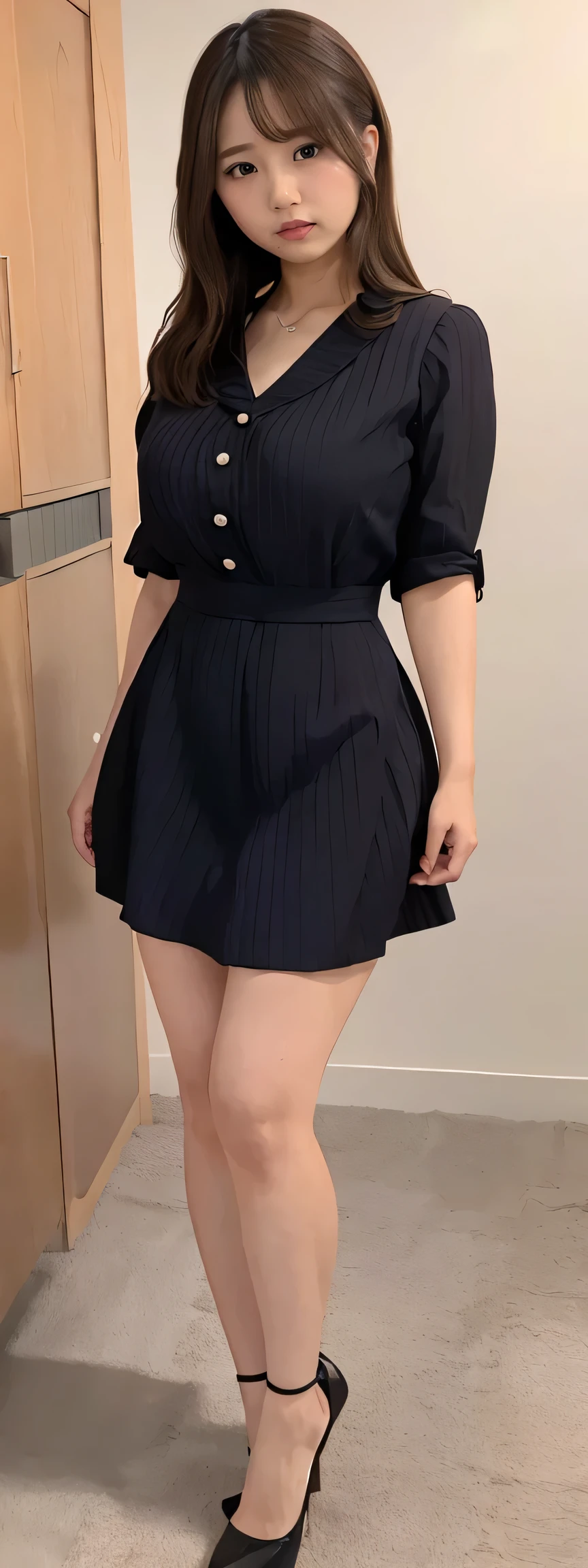 Japanese maid, Mature Woman, ((A little chubby, Round face, About 40)), Rimless round glasses, Wavy black hair with no bangs, Long Hair, Twin ponytail, Flashy makeup, Fuller lips, Sexy Gaze, uniform, ((dressing)), looking at the camera, Low angle shooting, Cute duck mouth,((Extremely precise and accurate anatomy)), (masterpiece:1.43), Perfect Proportions, Realistic photos, Full Shot, whole body, (height: 148cm), High heels Has two legs,Has two arms、Has two legs, You need two arms))