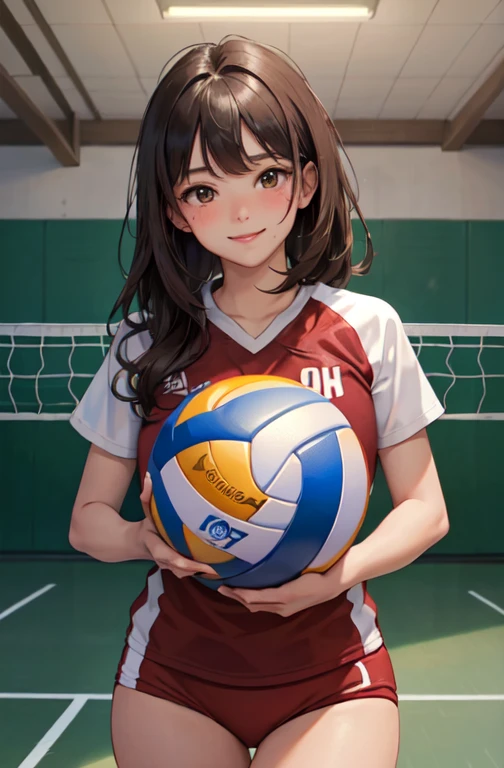 Only one female, /(Volleyball Uniforms/), /(Dark brown hair/) bangs, Blushing Smile, (Masterpiece of the highest quality:1.2) Delicate illustrations, super detailed, Big Break /(Indoor volleyball court/)