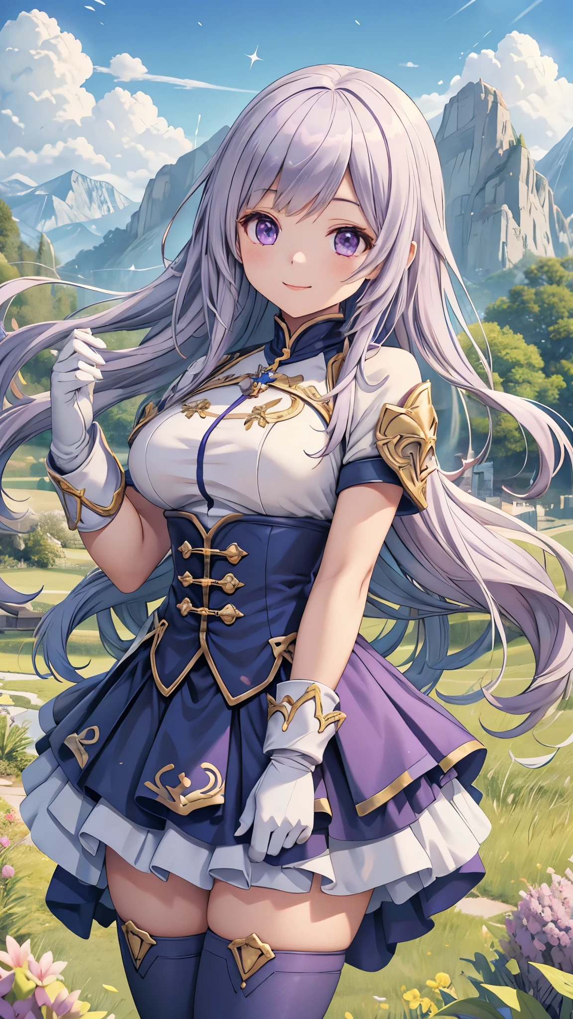 Super High Resolution Super Quality、anime、Zoom in Enlarge  、Smile、Fantasy、Magic Taoist、High quality texture of the clothes, realistic texture of the material, luxurious adventurer clothes, sparkling jewels, silver decorations, platinum, brown leather gloves, thigh-high skirt, joy, beautiful girl has a nice body, lilac hair, eye highlights, navy purple eyes, upper body, snap, blue sky, distant mountain range, grassland with no buildings