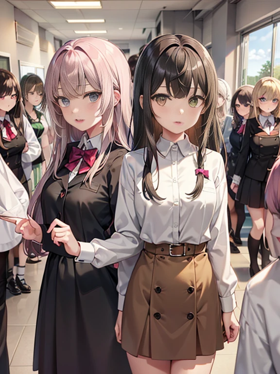 （Seven girls and one boy），（7 girls in a row）,（Brunette color hair, Black-eyed ****，Blonde ，White haired red eyed ，Purple hair and heterochromatic pupils ，Pink Hair, Green Eyes, change）,uniform,Smart,Classroom Background