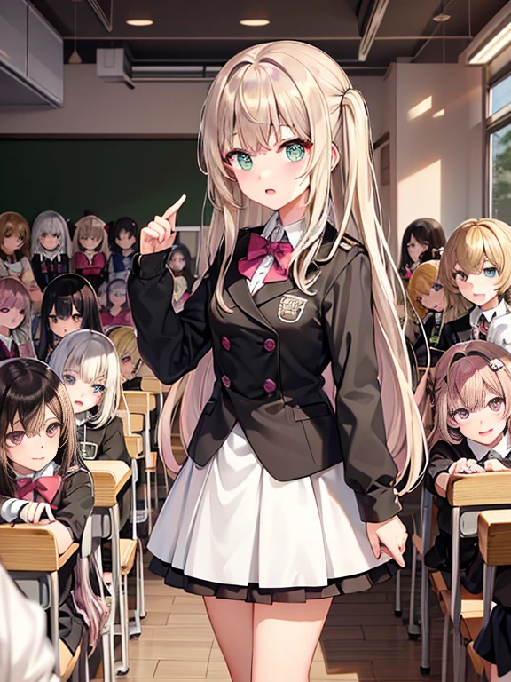 （Seven girls and one boy），（7 girls in a row）,（Brunette color hair, Black-eyed ****，Blonde ，White haired red eyed ，Purple hair and heterochromatic pupils ，Pink Hair, Green Eyes, change）,uniform,Smart,Classroom Background