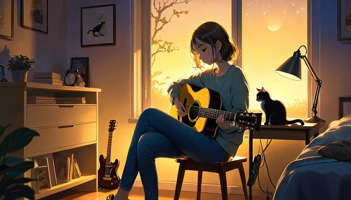A dusk,
A girl sits in a cozy corner, guitar in tow.
The soft yellow light of a desk lamp illuminates her thoughtful expression, revealing deep concentration and a calm posture.
Her gentle gaze is comforting.
It adds to the quiet evening atmosphere, creating a peaceful and tranquil look,with cat.