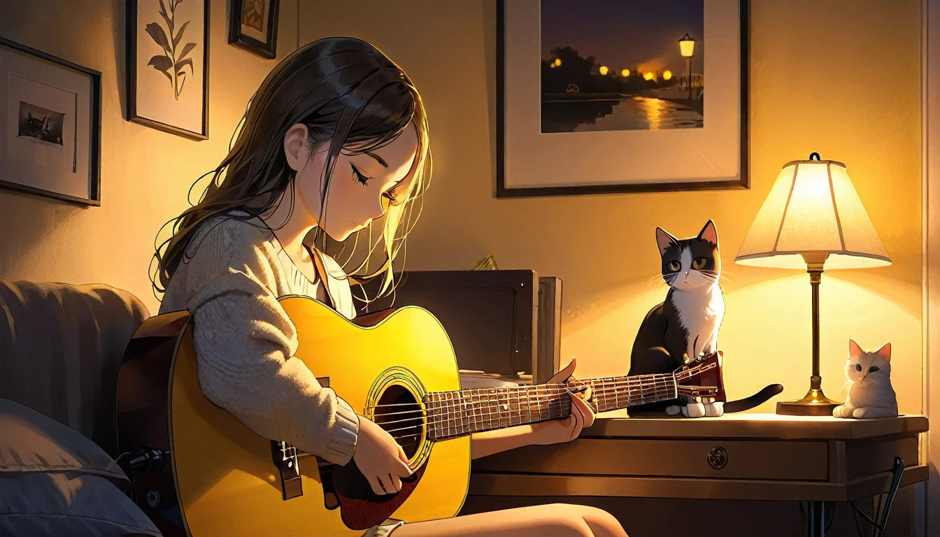 A dusk,
A girl sits in a cozy corner, guitar in tow.
The soft yellow light of a desk lamp illuminates her thoughtful expression, revealing deep concentration and a calm posture.
Her gentle gaze is comforting.
It adds to the quiet evening atmosphere, creating a peaceful and tranquil look,with cat.