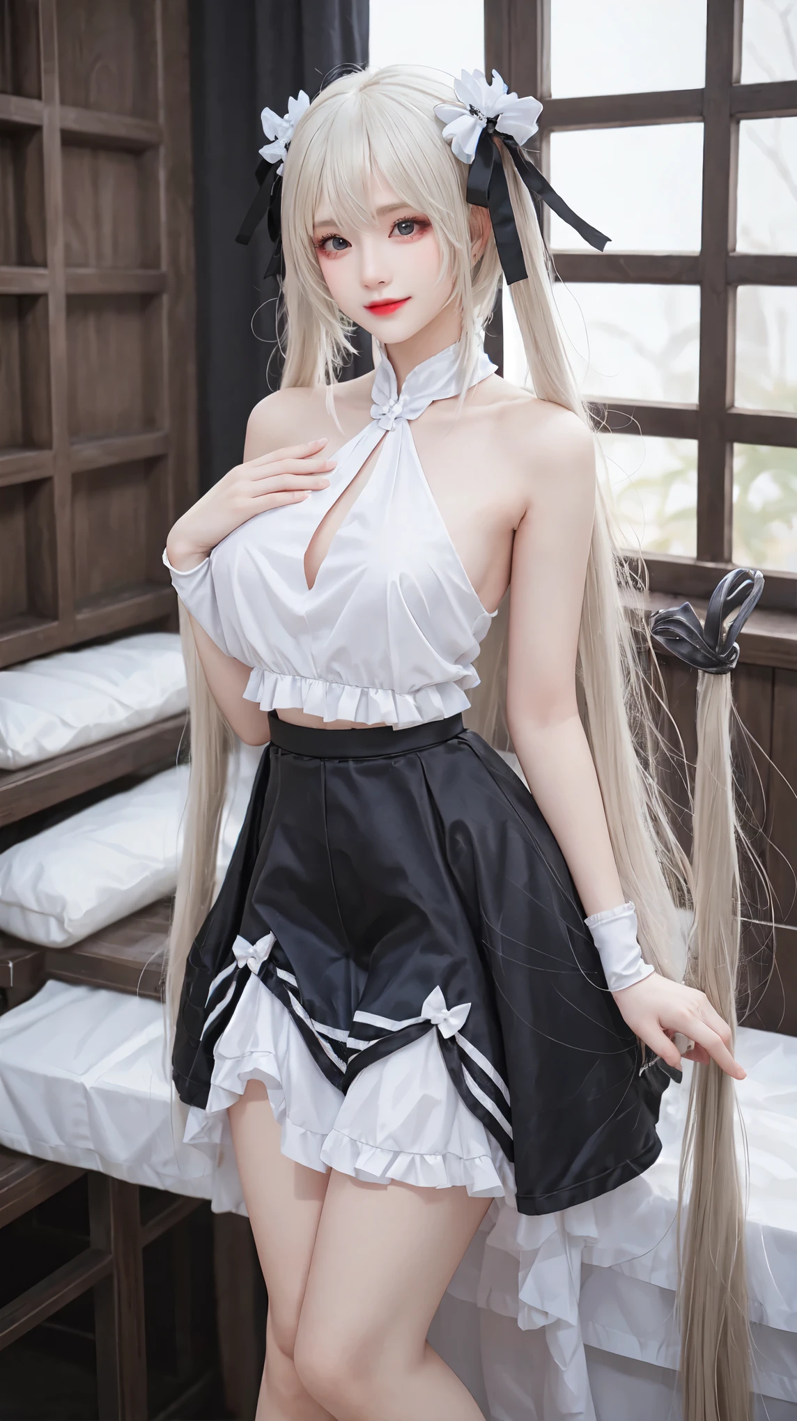 kasugano sora,long white hair,twintails,hair ribbon,hair ornament, (masterpiece, best quality:1.2), 1 girl, Solitary, ((Bare shoulders, The skirt is short)), Random scenes, Random shooting angles, Sexy models,Slender sexy legs,Very good legs,Show sexy legs,Big breasts, Large Breasts,beautymystery的色彩。脸庞beauty而精致,Otherworldly beauty。The light of wisdom。cherry colored lips,Revealing confidence and composure。The face is well defined,Skin as white as jade,Reveal healthy glow,Light and delicate makeup,Show temperament and charm。Skin transparency,Bright and Vibrant。Charm and sophistication。Clothes fluttering,Action swing。beauty的风景线,Attractive posture。Large Breasts, beauty,grace,mystery,dream。