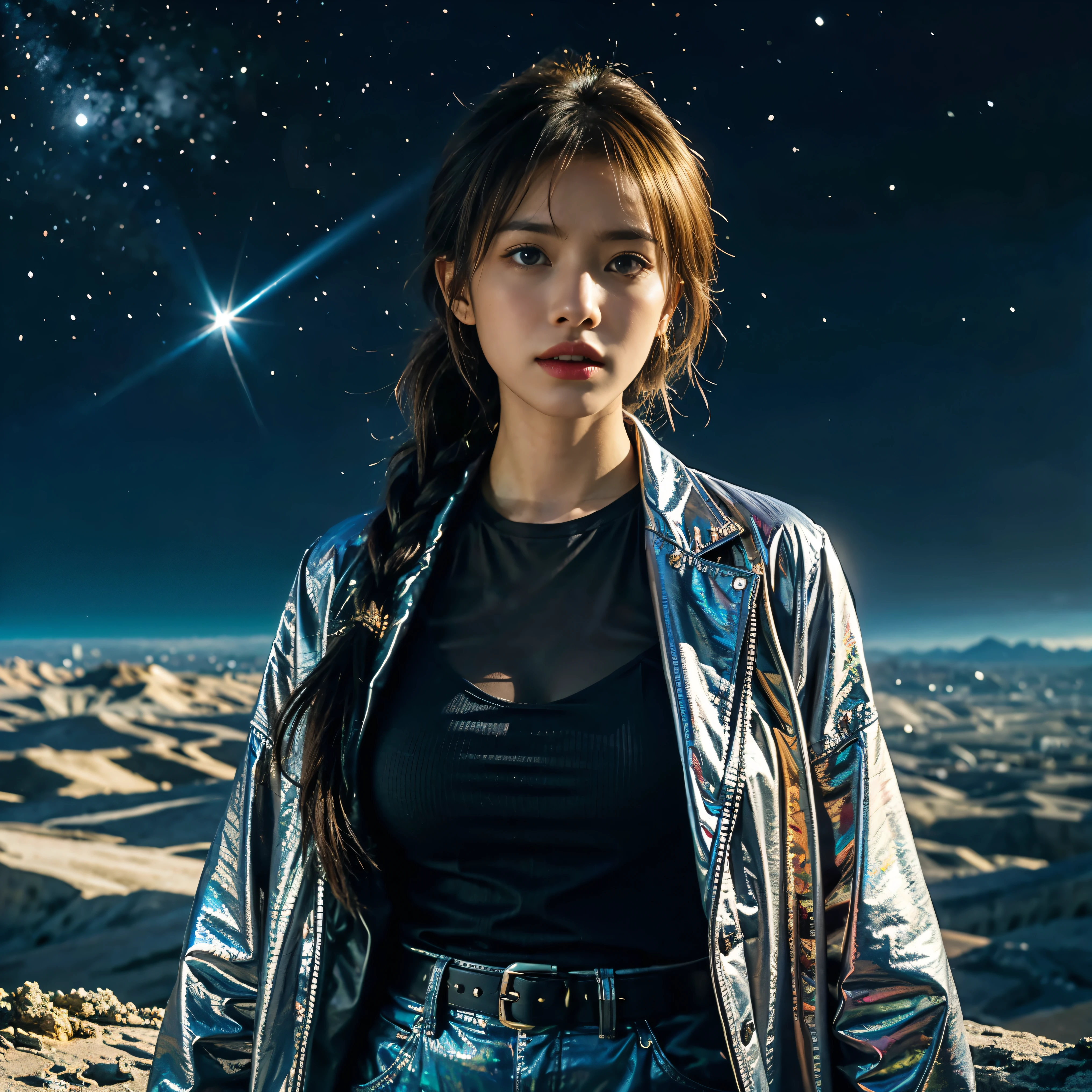 (High resolution、masterpiece:1.2)、Super detailed、(Photorealistic:1.37)、SF、Adventurer、Explore ancient ruins、Gorgeous detailed face and figure、Ideal proportions、Big Breasts、Beautiful long straight hair tied in a braided ponytail、blonde、(stylish、Holographic Coat:1.4)、Dynamic pose、Dynamic angle、treasure hunter、interstellar background、Advanced technology、Glowing Light、Extraterrestrial relics、Exciting action、Breathtaking landscapes、Amazingly detailed alien architecture、Ethereal colors、Heavenly atmosphere、Out-of-this-world scenery、laser weapon、Intense emotions、Adrenaline-pumping adventure、Thrilling suspense、Action-packed quests、Distant future、A young and beautiful woman、With stunning features and a perfect body type、Depicted as a bold and fearless treasure hunter、Explore the depths of ancient extraterrestrial ruins in outer space、This work、Incredible High Resolution(highest quality、4k、8k、High resolution、masterpiece:1.2)とSuper detailed(Photorealistic:1.37)Proud of its depiction of、The face of the hero、body、Captures every intricate detail of the surrounding environment、This work focuses on the science fiction genre.、Advanced technology、Fascinating interstellar background、Introducing the scenery of another world。Character dynamic pose and angle、It adds energy and a sense of adventure to the scene.。Her long, beautiful blonde hair is meticulously braided into a ponytail.、Enhances aesthetic appeal、Adds elegance to the overall appearance、treasure hunterとして、She encounters various relics and ancient structures、They are painted in ethereal colors with exquisite detail.、The celestial atmosphere captivates the audience.、In this work、The protagonist engages in a thrilling quest、It also features intense emotions and adrenaline-pumping action as you face dangerous challenges.、Laser weapons and futuristic elements create a sci-fi atmosphere.、Providing viewers with a visually stunning and immersive experience、mynatalee woman、cr1r3、natural breasts