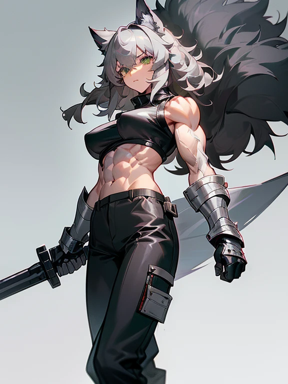 (adult female:1.2), (solo:1.2), (curly gray long short hair:1.15), (gray hair:1.2),(green eyes:1.1), ([leather black jacket|silver chestplate,silver shoulder pads], bandaged arms, black trousers:1.2), (medium breast:1.1), (silver battle gauntlets:1.25), (fluffy wolf ears:1.05), (fluffy wolf tail:1.05), (abs, muscular body:1.4), (lappland (arknights):1.05), (outline character style:0.9)