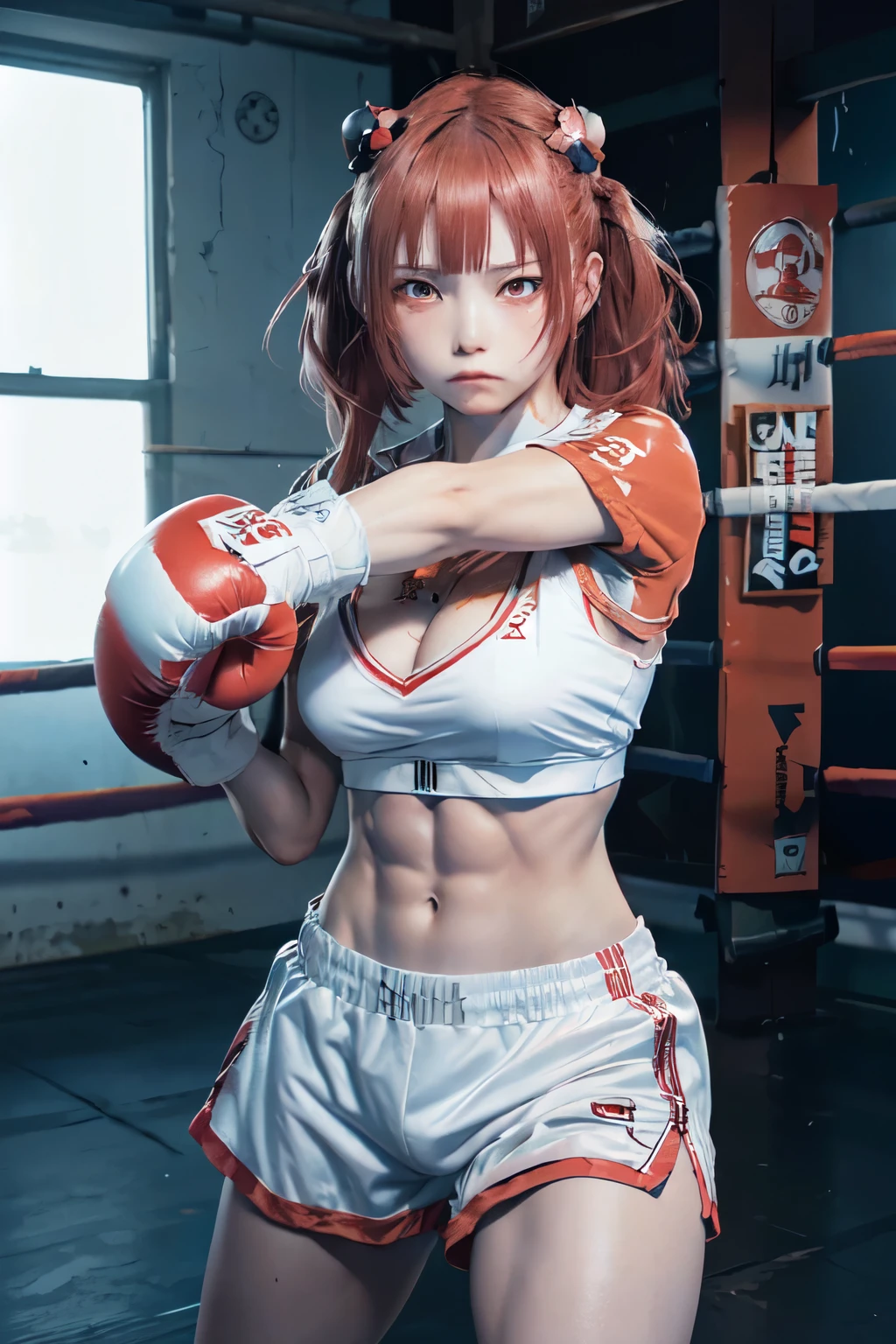 (Top Quality, High Resolution: 1.2), Super Detailed, Photorealistic: Red Eyed Girl, Red Hair, Glowing Eyes, (Fierce, Detailed) Description, Realistic Touch, Anime Style, Trained Body, (Abs) , figure style, white underwear, boxing style, glare, training