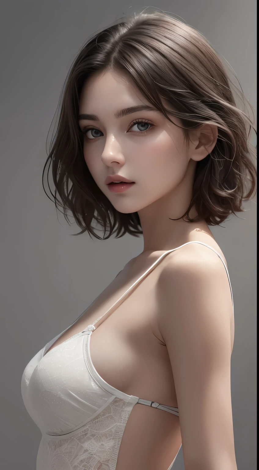 8K uhd、RAWphotograph、モデルphotograph撮影、 European race、(masterpiece、highest quality、Photorealistic、High resolution、photograph:1.3)、Close-up、Focusing、Hot Model、slim、30 year old mature woman、Small face、No makeup、Short Hair、Dark Brown Hair、Fine beautiful eyes、Real Skin、(perfect body)、Detailed beautiful eyes、Glossy lips、Small breasts、Small breasts、Bust B cup、Realistic details、Cool beauty、Cool pose、Background gray、Plain grey background、
