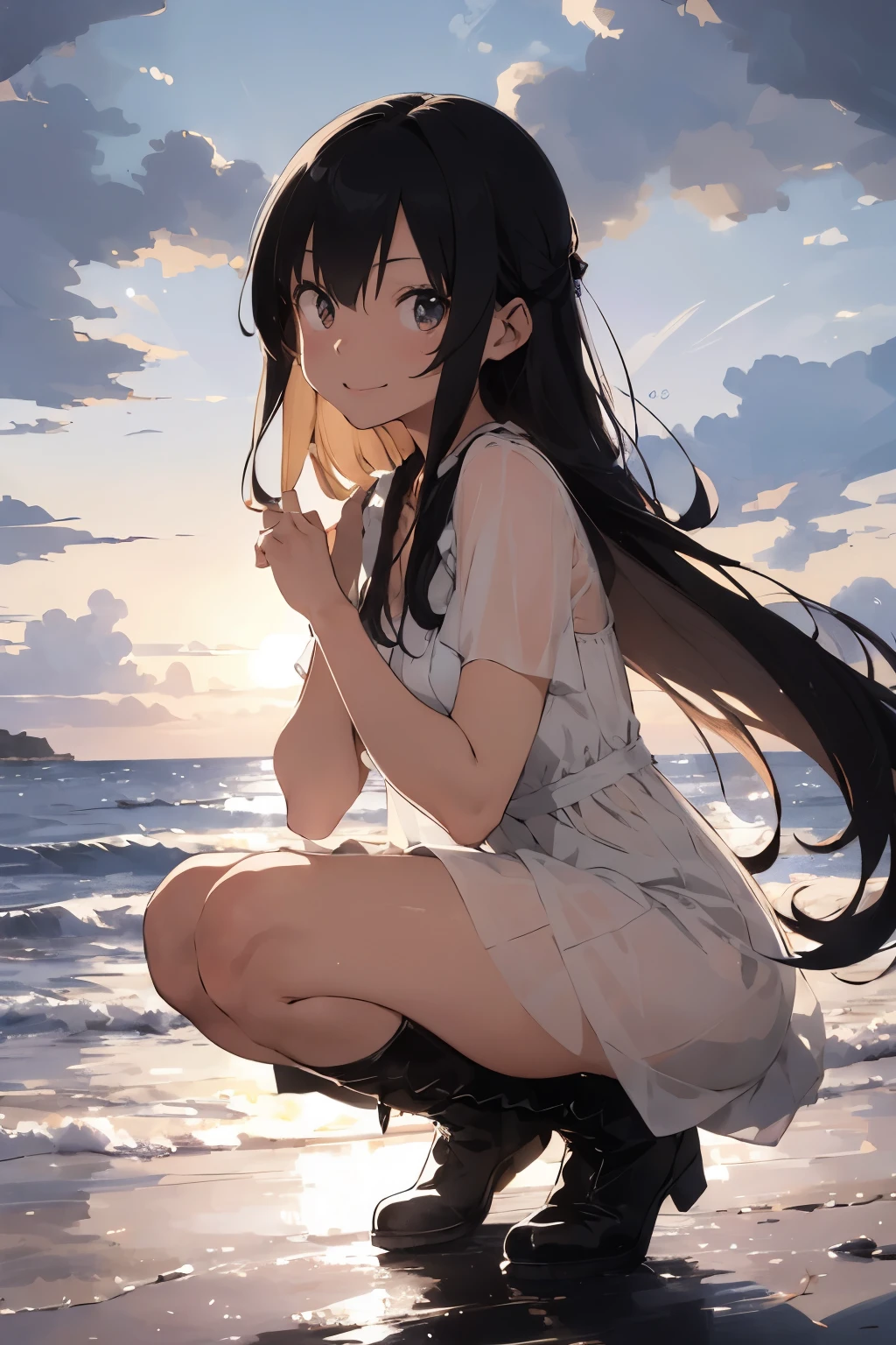(super flat, flat shading), Honors Type, Really blushing, , a girl in a see-through white dress and boots, smile, in dress, cute waifu in a nice dress, my dress up darling, pretty girl, young girl, beautiful girl, by the sea, dramatic lighting, squatting,