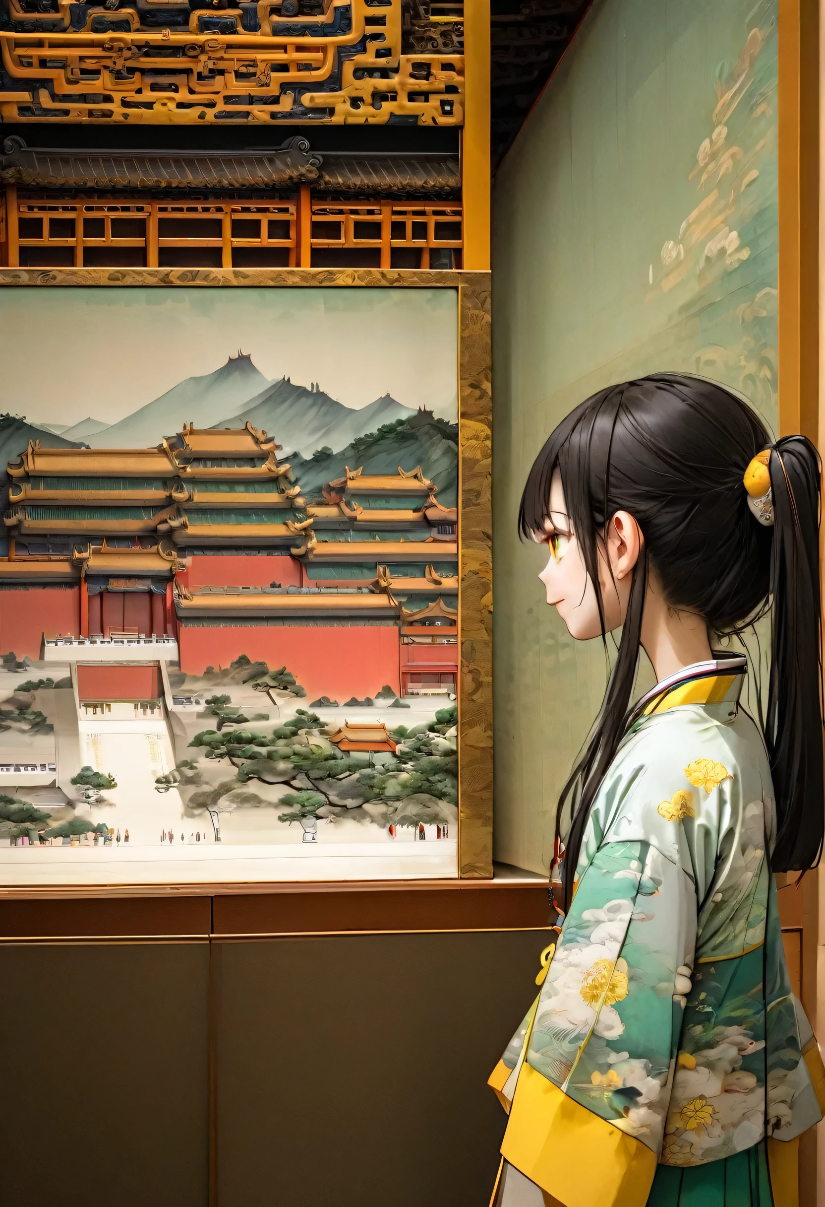 (in the The Palace Museum, in Taiwan), (A girl watching a Jigoku), BREAK, (solo ponytail green hair long hair cute girl, 15 yo, cute yellow eyes, happy smile), ((in a cute yellow blouse, green skirt), break, perfect anatomy, masterpiece, best quality, 16k.
