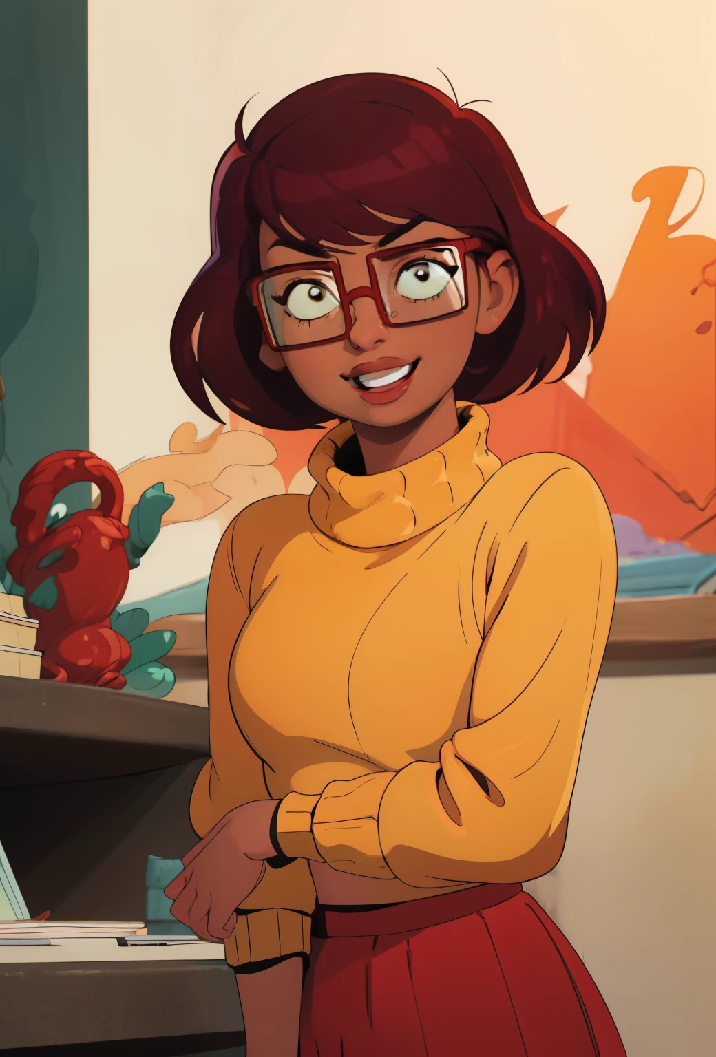 mkvd, 1girl,glasses turtleneck sweater, sweater yellow, happy, looking at viewer,red skirt