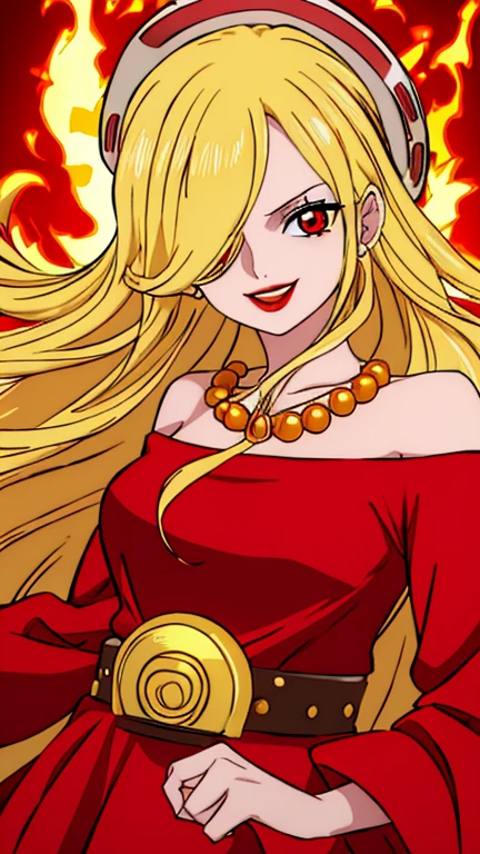 Beautiful anime girl, solo, 1girl, looking at viewer, cute,beautiful, red eyes, long hair, open hair, blonde hair, wearing a strawhat, one piece, smiling, smooth skin, light skin, red lips, anime, best quality, masterpiece, extremely detailed, 4k, red eyes, beautiful red eyes, detailed face, detailed eyes, red dress, golden belt, golden necklace, golden earings, standing, fiery background, stable eyes, extremely beautiful, highres, high quality eyes, (hair covering one eye)