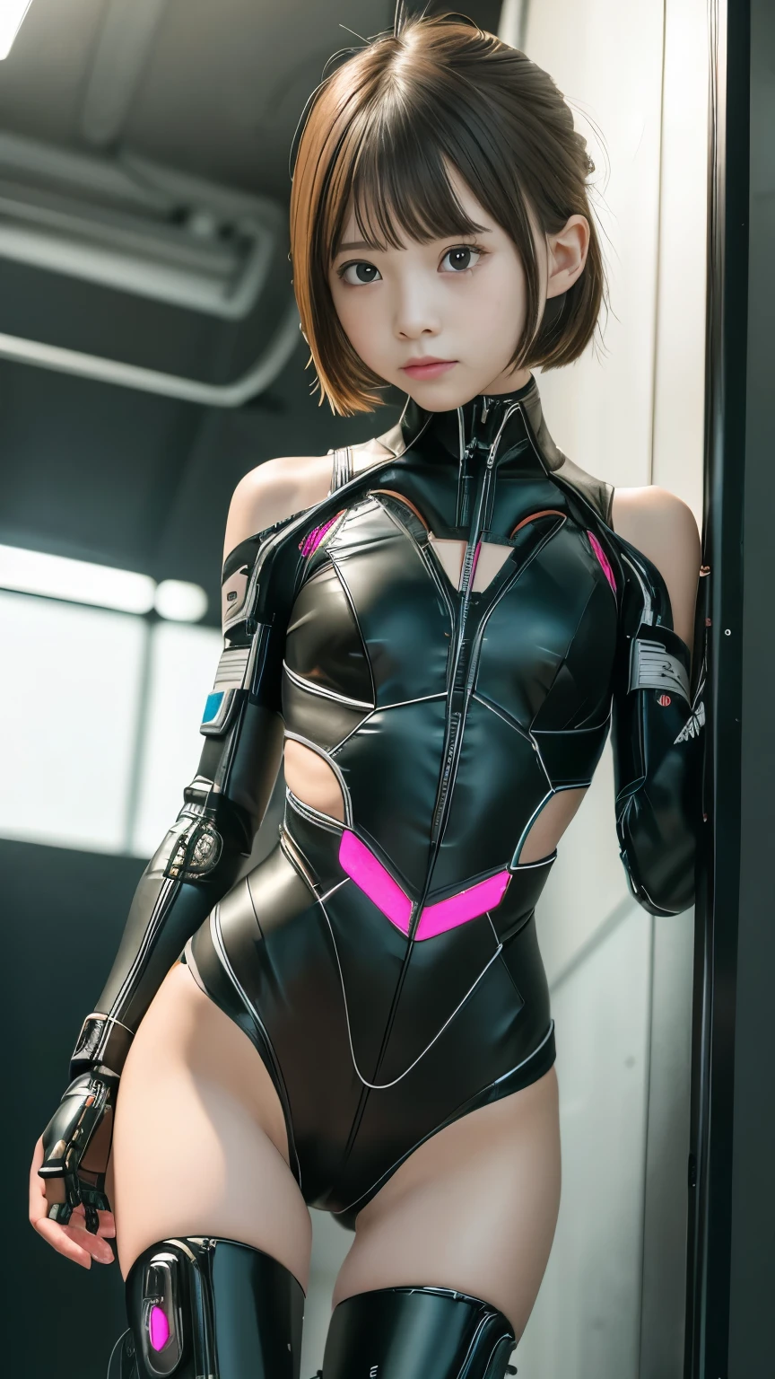 high quality, ​realistic masterpiece, ten girl facing away from camera, small skinny girl, long legs, Wearing futuristic robotic tactical shear armor cyberpunk suit with cutouts, skinny athletic body, innocent, playful, Famous actresses of Japan, bdsm, shibari, legs tied, wrists bound, cyberpunk, cute girl face,