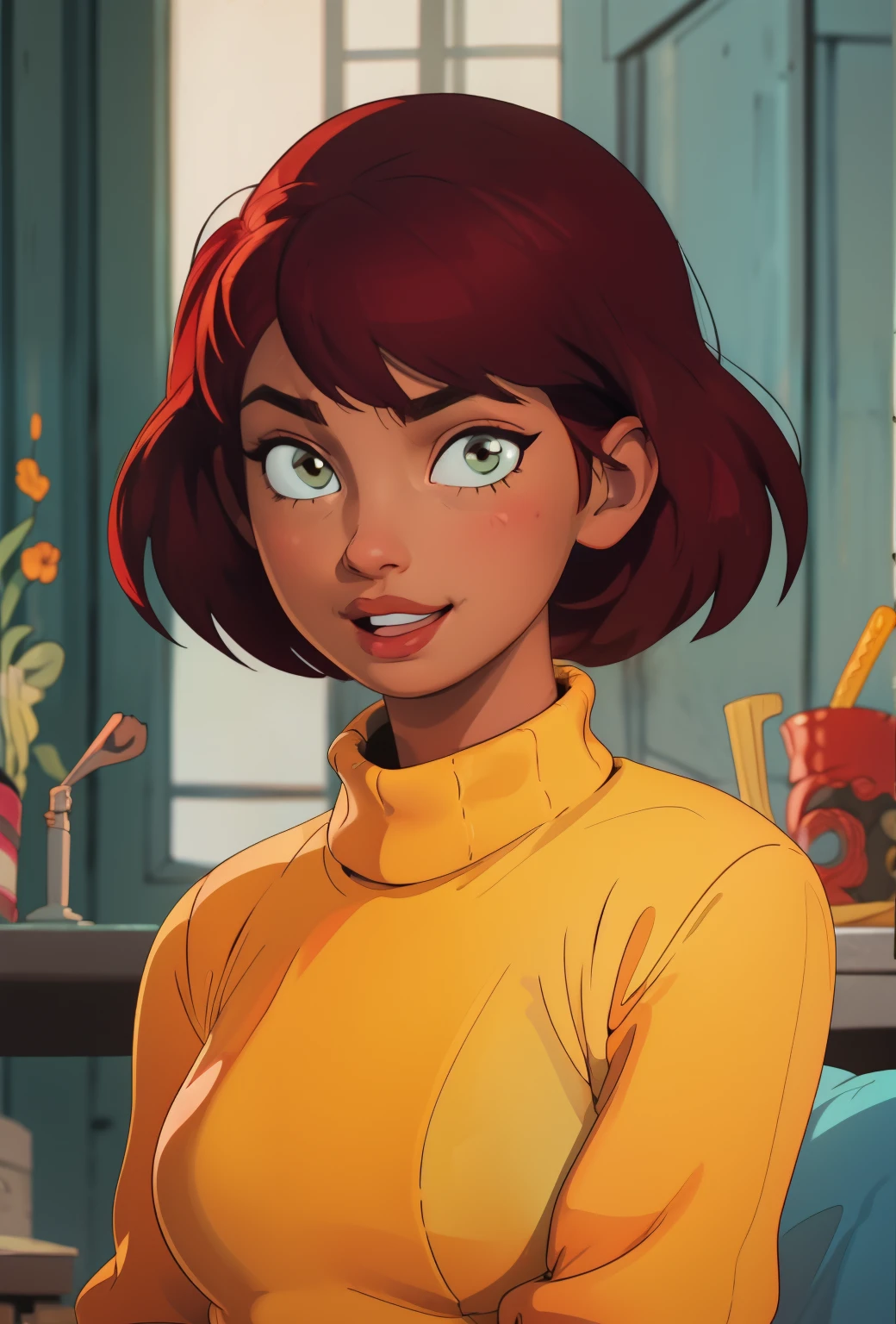 mkvd, 1girl, turtleneck sweater, sweater yellow, happy, looking at viewer