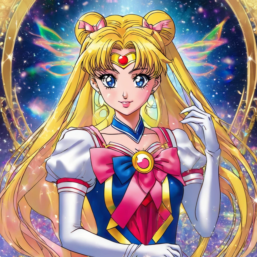 (ohwx) Sailor Moon (played by Margot Robbie) basks in a cascading aura of mystical enchantment, radiating vibrant waves of magical energy. She gracefully utters the incantation, channeling the Armor of Love, whose bewitching design reveals a hint of audacious sensuality while remaining tastefully suitable for work. As the transformative energy envelops her, Sailor Moon's face flushes with comical embarrassment at the sight of her scantily-clad attire. To preserve her modesty, she tries to adjust the revealing outfit without compromising its enchanting allure. The Armor of Love accentuates her feminine grace, enhancing her ethereal beauty as soft silhouettes of delicate lace and shimmering ribbons adorn her slender figure. Her eyes sparkle with a mix of determination and vulnerability, reflecting the duality of her courageous spirit. The scene is bathed in a soft glow, casting a warm and romantic ambiance that enhances the charm and elegance of Sailor Moon's transformation. The colors, vibrant yet soothing, blend harmoniously, evoking a sense of whimsy and wonder. The scene is illuminated by a gentle, natural lighting that accentuates the delicate features of Sailor Moon's face as well as the intricate details of her outfit. The background showcases a dreamy landscape of sparkling stardust and celestial elements, resonating with the magical universe she embraces. This masterpiece resonates with best quality, allowing viewers to immerse themselves in the exquisite artistry, ultra-detailed craftsmanship, and vivid colors that bring Sailor Moon's transformation to life. (Full body shot, show her from head to toe, show all of her)