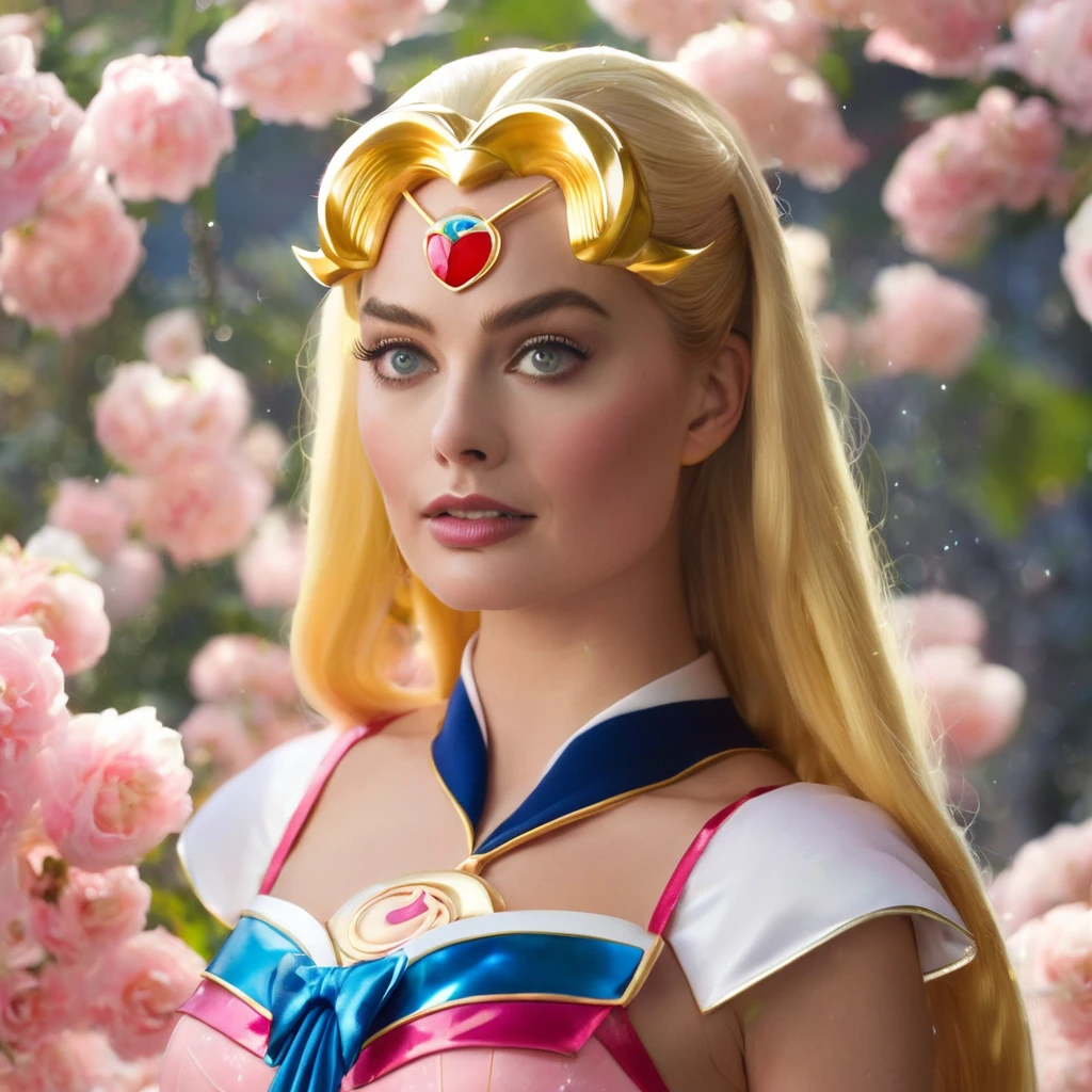 (ohwx) Sailor Moon (played by Margot Robbie) basks in a cascading aura of mystical enchantment, radiating vibrant waves of magical energy. She gracefully utters the incantation, channeling the Armor of Love, whose bewitching design reveals a hint of audacious sensuality while remaining tastefully suitable for work. As the transformative energy envelops her, Sailor Moon's face flushes with comical embarrassment at the sight of her scantily-clad attire. To preserve her modesty, she tries to adjust the revealing outfit without compromising its enchanting allure. The Armor of Love accentuates her feminine grace, enhancing her ethereal beauty as soft silhouettes of delicate lace and shimmering ribbons adorn her slender figure. Her eyes sparkle with a mix of determination and vulnerability, reflecting the duality of her courageous spirit. The scene is bathed in a soft glow, casting a warm and romantic ambiance that enhances the charm and elegance of Sailor Moon's transformation. The colors, vibrant yet soothing, blend harmoniously, evoking a sense of whimsy and wonder. The scene is illuminated by a gentle, natural lighting that accentuates the delicate features of Sailor Moon's face as well as the intricate details of her outfit. The background showcases a dreamy landscape of sparkling stardust and celestial elements, resonating with the magical universe she embraces. This masterpiece resonates with best quality, allowing viewers to immerse themselves in the exquisite artistry, ultra-detailed craftsmanship, and vivid colors that bring Sailor Moon's transformation to life. (Full body shot, show her from head to toe, show all of her)