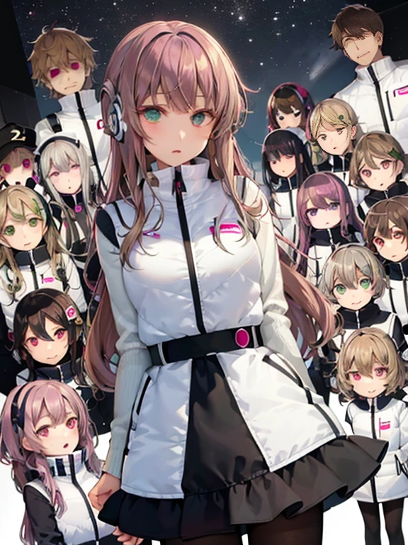(Seven girls and one boy),(7 girls in a row),(Brunette color hair, Black-eyed ,Blonde ,White haired red eyed ,Purple hair and heterochromatic pupils ,Pink Hair, Green Eyes, change),(astrovest):3,headphones,Smart,futuristic space Classroom Background