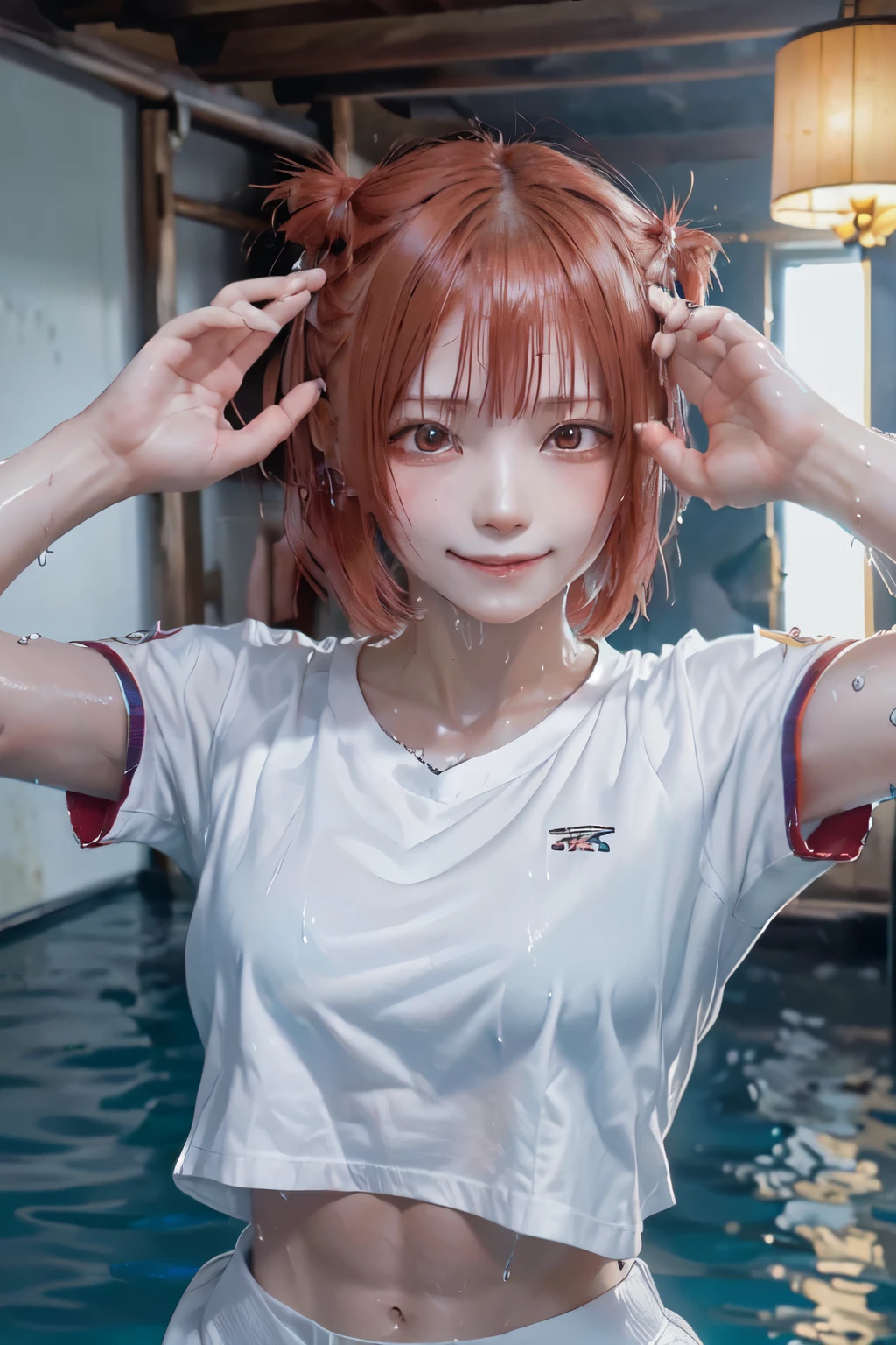 (Top Quality, High Resolution: 1.2), Super Detailed, Photorealistic: Red Eyed Girl, Red Hair, Glowing Eyes, (Fierce, Detailed) Description, Realistic Touch, Anime Style, Trained Body, (Abs) , figure style, white shirt wet with sweat, karate style, smile, training,