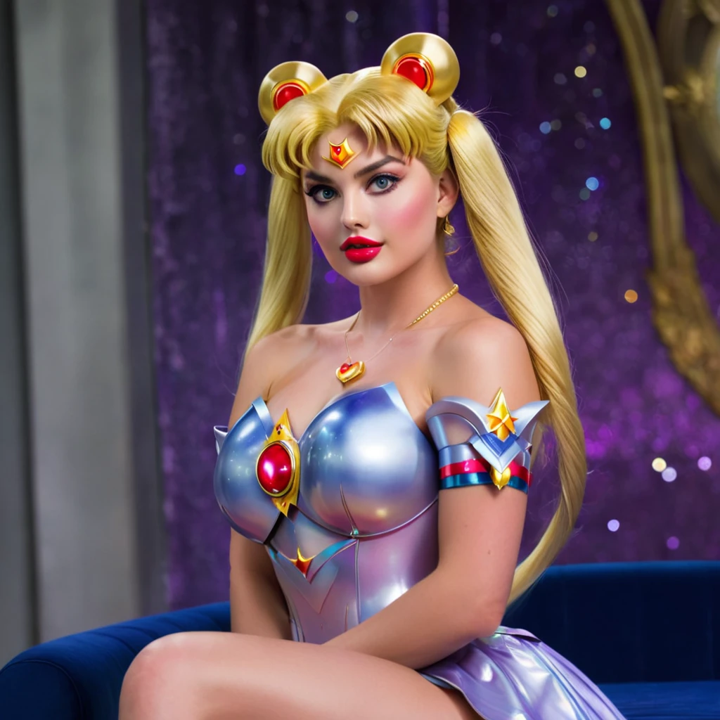 (ohwx) Sailor Moon (played by Margot Robbie) basks in a cascading aura of mystical enchantment, radiating vibrant waves of magical energy. She gracefully utters the incantation, channeling the Armor of Love, whose bewitching design reveals a hint of audacious sensuality while remaining tastefully suitable for work. As the transformative energy envelops her, Sailor Moon's face flushes with comical embarrassment at the sight of her scantily-clad attire. To preserve her modesty, she tries to adjust the revealing outfit without compromising its enchanting allure. The Armor of Love accentuates her feminine grace, enhancing her ethereal beauty as soft silhouettes of delicate lace and shimmering ribbons adorn her slender figure. Her eyes sparkle with a mix of determination and vulnerability, reflecting the duality of her courageous spirit. The scene is bathed in a soft glow, casting a warm and romantic ambiance that enhances the charm and elegance of Sailor Moon's transformation. The colors, vibrant yet soothing, blend harmoniously, evoking a sense of whimsy and wonder. The scene is illuminated by a gentle, natural lighting that accentuates the delicate features of Sailor Moon's face as well as the intricate details of her outfit. The background showcases a dreamy landscape of sparkling stardust and celestial elements, resonating with the magical universe she embraces. This masterpiece resonates with best quality, allowing viewers to immerse themselves in the exquisite artistry, ultra-detailed craftsmanship, and vivid colors that bring Sailor Moon's transformation to life. (Full body shot, show her from head to toe, show all of her)