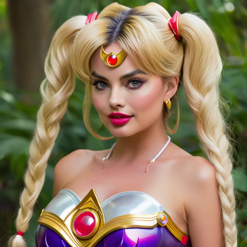 (ohwx) Sailor Moon (played by Margot Robbie) basks in a cascading aura of mystical enchantment, radiating vibrant waves of magical energy. She gracefully utters the incantation, channeling the Armor of Love, whose bewitching design reveals a hint of audacious sensuality while remaining tastefully suitable for work. As the transformative energy envelops her, Sailor Moon's face flushes with comical embarrassment at the sight of her scantily-clad attire. To preserve her modesty, she tries to adjust the revealing outfit without compromising its enchanting allure. The Armor of Love accentuates her feminine grace, enhancing her ethereal beauty as soft silhouettes of delicate lace and shimmering ribbons adorn her slender figure. Her eyes sparkle with a mix of determination and vulnerability, reflecting the duality of her courageous spirit. The scene is bathed in a soft glow, casting a warm and romantic ambiance that enhances the charm and elegance of Sailor Moon's transformation. The colors, vibrant yet soothing, blend harmoniously, evoking a sense of whimsy and wonder. The scene is illuminated by a gentle, natural lighting that accentuates the delicate features of Sailor Moon's face as well as the intricate details of her outfit. The background showcases a dreamy landscape of sparkling stardust and celestial elements, resonating with the magical universe she embraces. This masterpiece resonates with best quality, allowing viewers to immerse themselves in the exquisite artistry, ultra-detailed craftsmanship, and vivid colors that bring Sailor Moon's transformation to life. (Full body shot, show her from head to toe, show all of her)