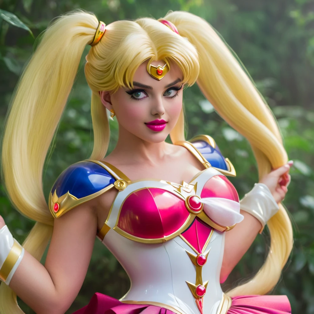 (ohwx) Sailor Moon (played by Margot Robbie) basks in a cascading aura of mystical enchantment, radiating vibrant waves of magical energy. She gracefully utters the incantation, channeling the Armor of Love, whose bewitching design reveals a hint of audacious sensuality while remaining tastefully suitable for work. As the transformative energy envelops her, Sailor Moon's face flushes with comical embarrassment at the sight of her scantily-clad attire. To preserve her modesty, she tries to adjust the revealing outfit without compromising its enchanting allure. The Armor of Love accentuates her feminine grace, enhancing her ethereal beauty as soft silhouettes of delicate lace and shimmering ribbons adorn her slender figure. Her eyes sparkle with a mix of determination and vulnerability, reflecting the duality of her courageous spirit. The scene is bathed in a soft glow, casting a warm and romantic ambiance that enhances the charm and elegance of Sailor Moon's transformation. The colors, vibrant yet soothing, blend harmoniously, evoking a sense of whimsy and wonder. The scene is illuminated by a gentle, natural lighting that accentuates the delicate features of Sailor Moon's face as well as the intricate details of her outfit. The background showcases a dreamy landscape of sparkling stardust and celestial elements, resonating with the magical universe she embraces. This masterpiece resonates with best quality, allowing viewers to immerse themselves in the exquisite artistry, ultra-detailed craftsmanship, and vivid colors that bring Sailor Moon's transformation to life. (Full body shot, show her from head to toe, show all of her)