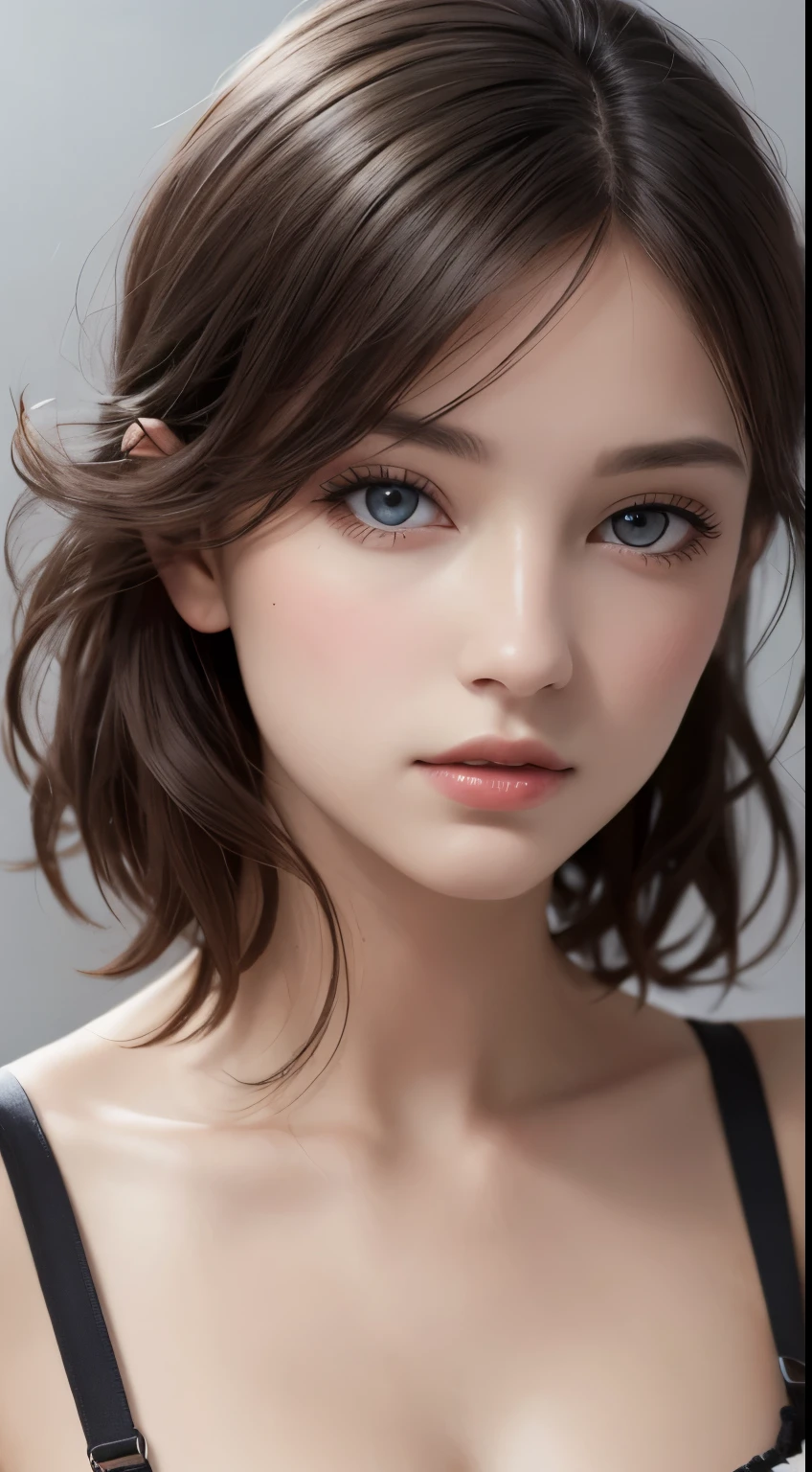 8K uhd、RAWphotograph、モデルphotograph撮影、 European race、(masterpiece、highest quality、Photorealistic、High resolution、photograph:1.3)、Close-up、Focusing、Hot Model、slim、30 year old mature woman、Small face、No makeup、Short Hair、Dark Brown Hair、Fine beautiful eyes、Real Skin、(perfect body)、Detailed beautiful eyes、Glossy lips、Small breasts、Small breasts、Bust B cup、Realistic details、Cool beauty、Cool pose、Background gray、Plain grey background、