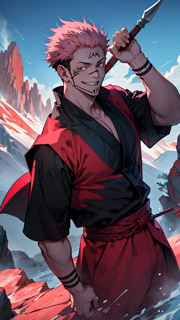 1 Man, 30 years old, Ryomen Sukuna, Jujutsu Kaisen, hair, pink hair, short hair, red eyes, black clothes, smile, spear in hand, cinematographic and vivid paisage, mountains natural cold background.
