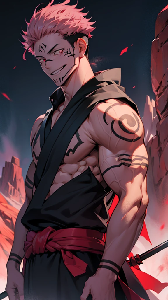 1 Man, 30 years old, Ryomen Sukuna, Jujutsu Kaisen, hair, pink hair, short hair, red eyes, black clothes, smile, spear in hand, cinematographic and vivid paisage, mountains natural cold background.