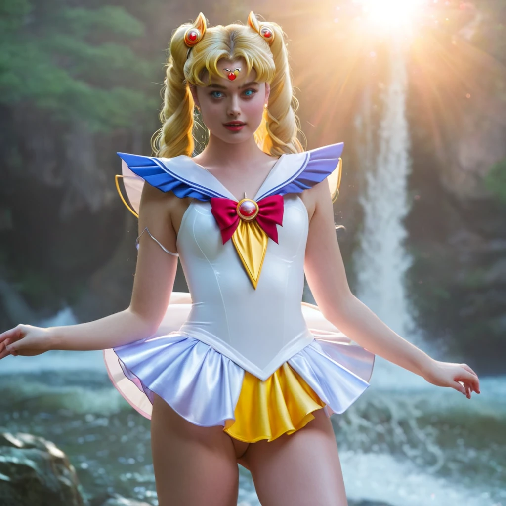 (ohwx) Sailor Moon (played by Margot Robbie) basks in a cascading aura of mystical enchantment, radiating vibrant waves of magical energy. She gracefully utters the incantation, channeling the Armor of Love, whose bewitching design reveals a hint of audacious sensuality while remaining tastefully suitable for work. As the transformative energy envelops her, Sailor Moon's face flushes with comical embarrassment at the sight of her scantily-clad attire. To preserve her modesty, she tries to adjust the revealing outfit without compromising its enchanting allure. The Armor of Love accentuates her feminine grace, enhancing her ethereal beauty as soft silhouettes of delicate lace and shimmering ribbons adorn her slender figure. Her eyes sparkle with a mix of determination and vulnerability, reflecting the duality of her courageous spirit. The scene is bathed in a soft glow, casting a warm and romantic ambiance that enhances the charm and elegance of Sailor Moon's transformation. The colors, vibrant yet soothing, blend harmoniously, evoking a sense of whimsy and wonder. The scene is illuminated by a gentle, natural lighting that accentuates the delicate features of Sailor Moon's face as well as the intricate details of her outfit. The background showcases a dreamy landscape of sparkling stardust and celestial elements, resonating with the magical universe she embraces. This masterpiece resonates with best quality, allowing viewers to immerse themselves in the exquisite artistry, ultra-detailed craftsmanship, and vivid colors that bring Sailor Moon's transformation to life. (Full body shot, show her from head to toe, show all of her)