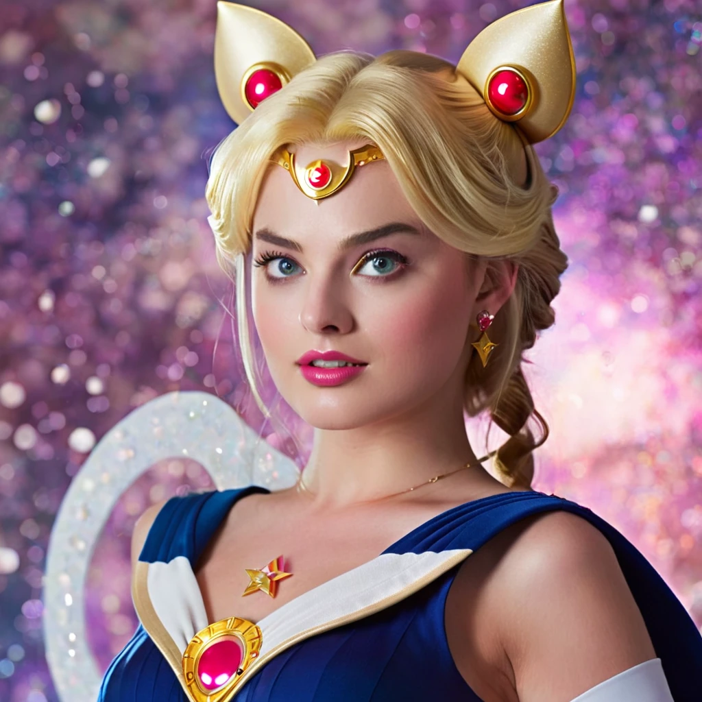 (ohwx) Sailor Moon (played by Margot Robbie) basks in a cascading aura of mystical enchantment, radiating vibrant waves of magical energy. She gracefully utters the incantation, channeling the Armor of Love, whose bewitching design reveals a hint of audacious sensuality while remaining tastefully suitable for work. As the transformative energy envelops her, Sailor Moon's face flushes with comical embarrassment at the sight of her scantily-clad attire. To preserve her modesty, she tries to adjust the revealing outfit without compromising its enchanting allure. The Armor of Love accentuates her feminine grace, enhancing her ethereal beauty as soft silhouettes of delicate lace and shimmering ribbons adorn her slender figure. Her eyes sparkle with a mix of determination and vulnerability, reflecting the duality of her courageous spirit. The scene is bathed in a soft glow, casting a warm and romantic ambiance that enhances the charm and elegance of Sailor Moon's transformation. The colors, vibrant yet soothing, blend harmoniously, evoking a sense of whimsy and wonder. The scene is illuminated by a gentle, natural lighting that accentuates the delicate features of Sailor Moon's face as well as the intricate details of her outfit. The background showcases a dreamy landscape of sparkling stardust and celestial elements, resonating with the magical universe she embraces. This masterpiece resonates with best quality, allowing viewers to immerse themselves in the exquisite artistry, ultra-detailed craftsmanship, and vivid colors that bring Sailor Moon's transformation to life. (Full body shot, show her from head to toe, show all of her)